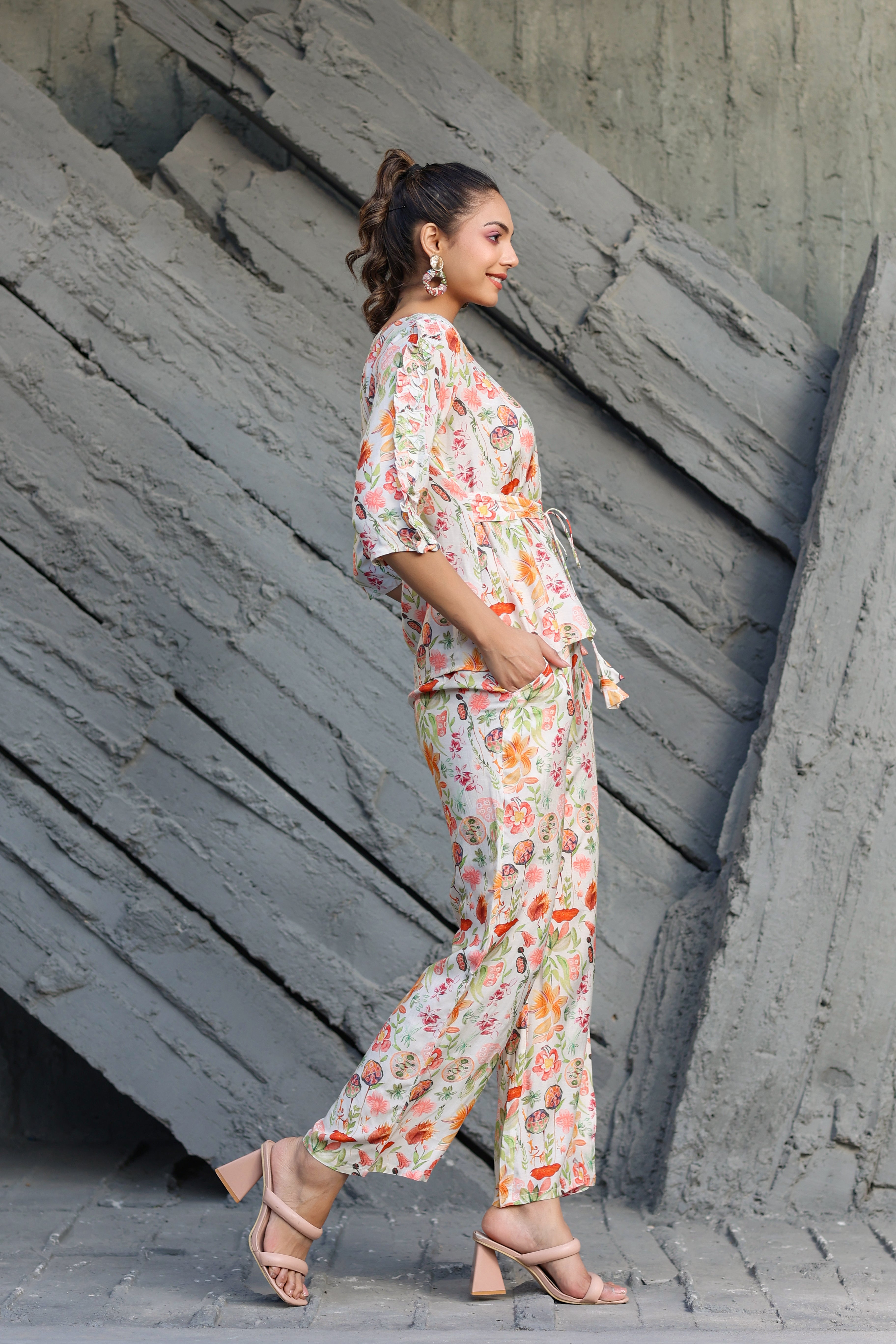 Spring Ruffles Sleeves on Off-white Muslin Silk Co-ord Set