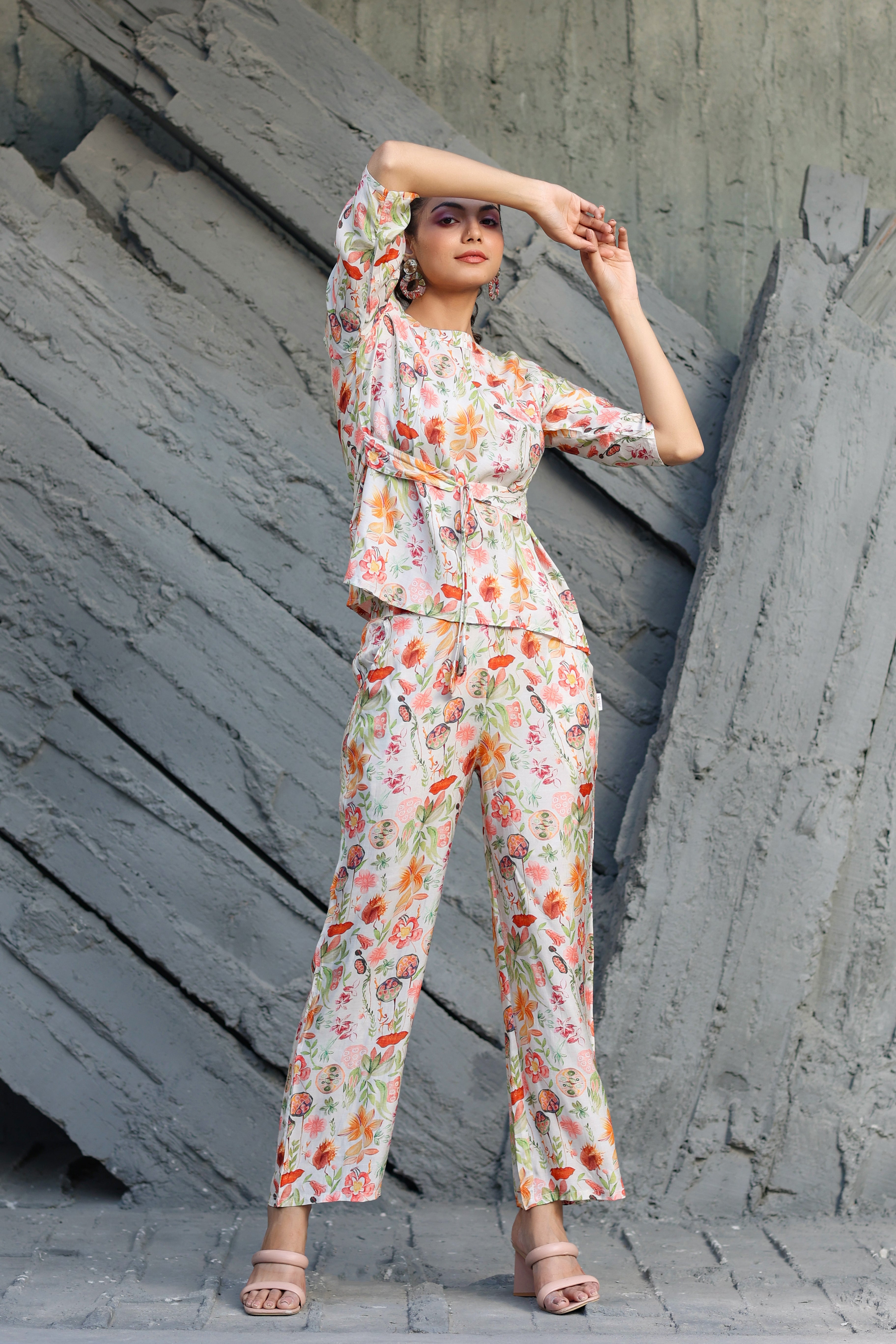 Spring Ruffles Sleeves on Off-white Muslin Silk Co-ord Set