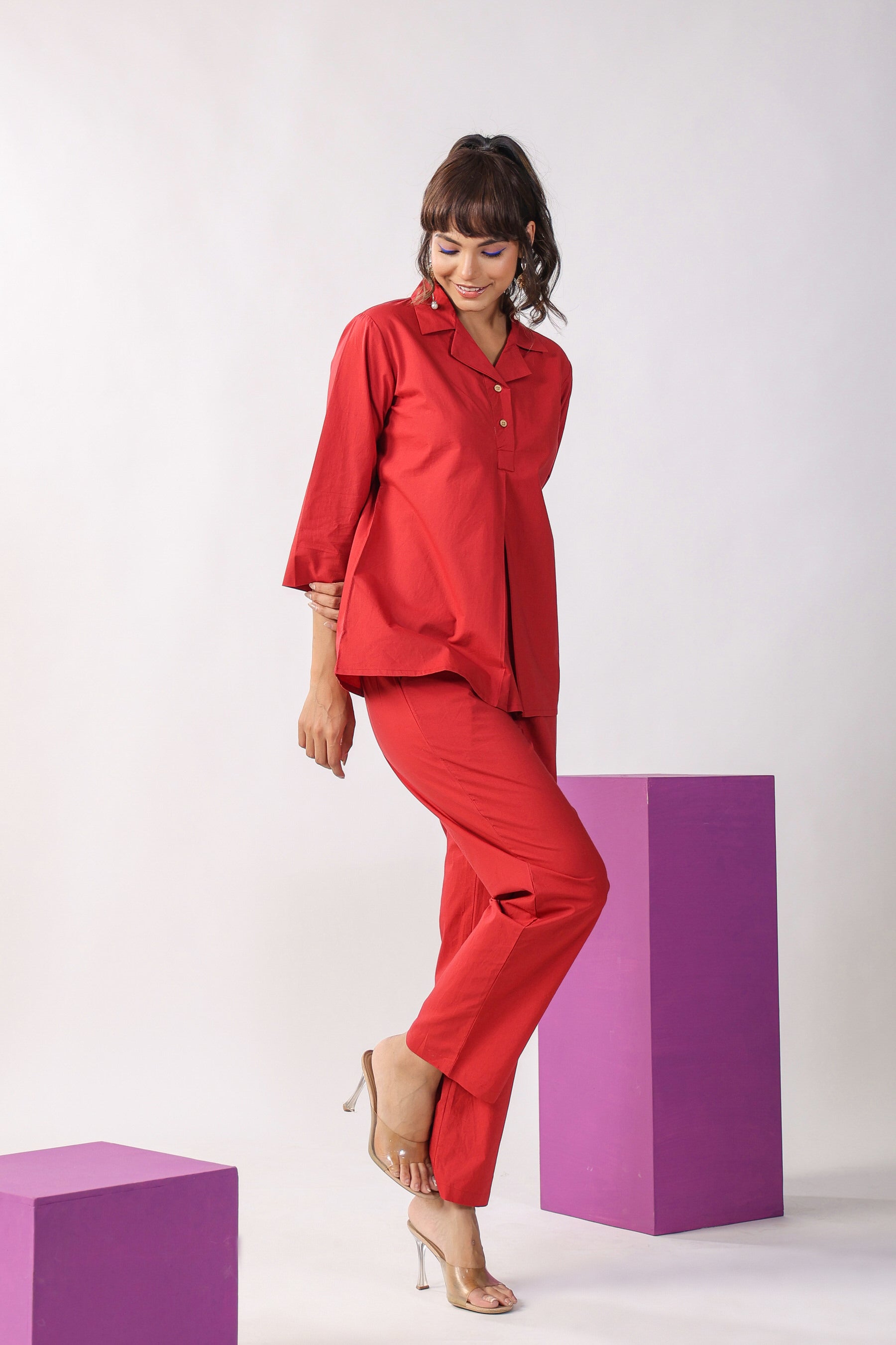 Solid Red Cotton Loungewear Top Set