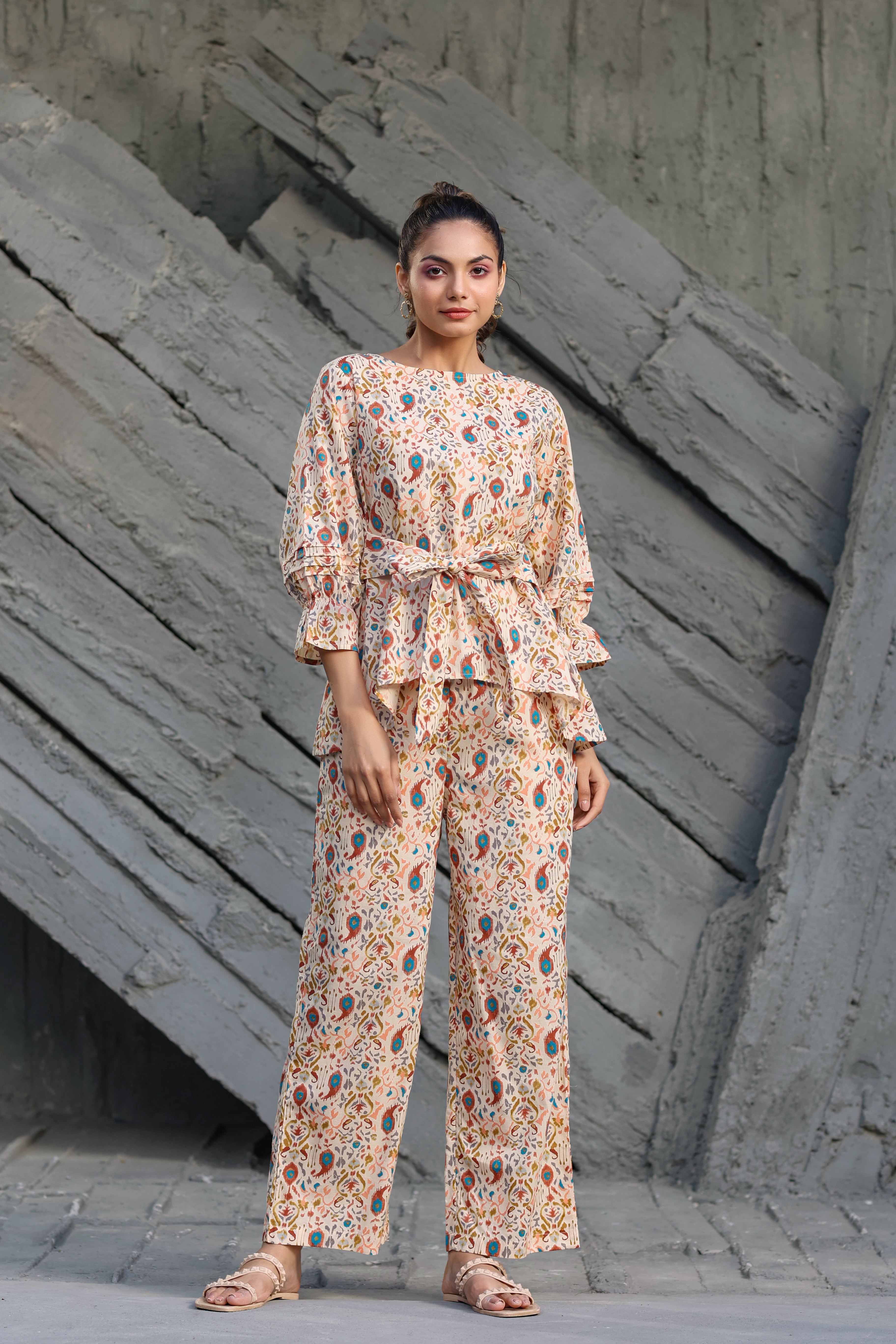 Multi coloured Ikat on Beige Cotton Co-ord set