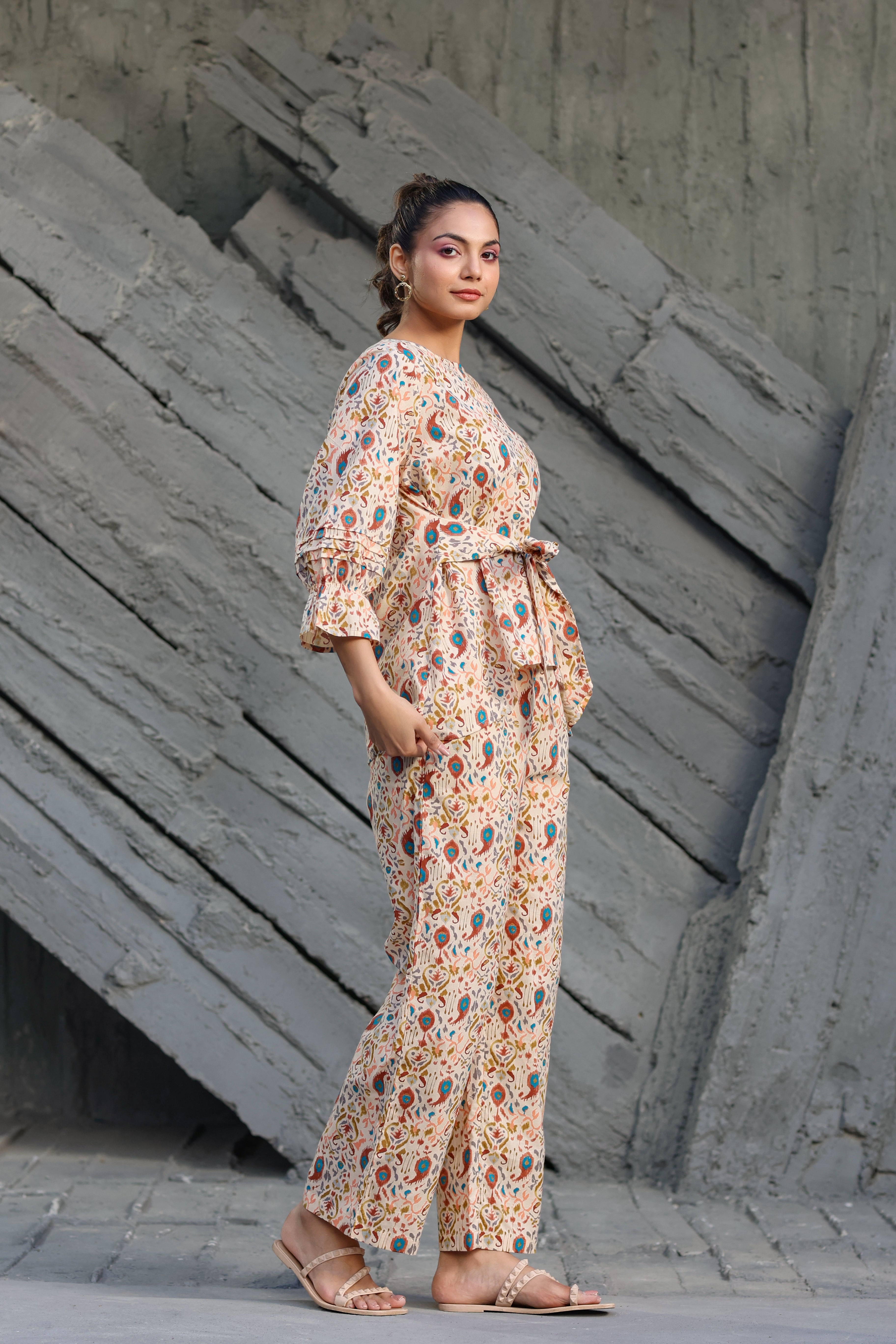 Multi coloured Ikat on Beige Cotton Co-ord set