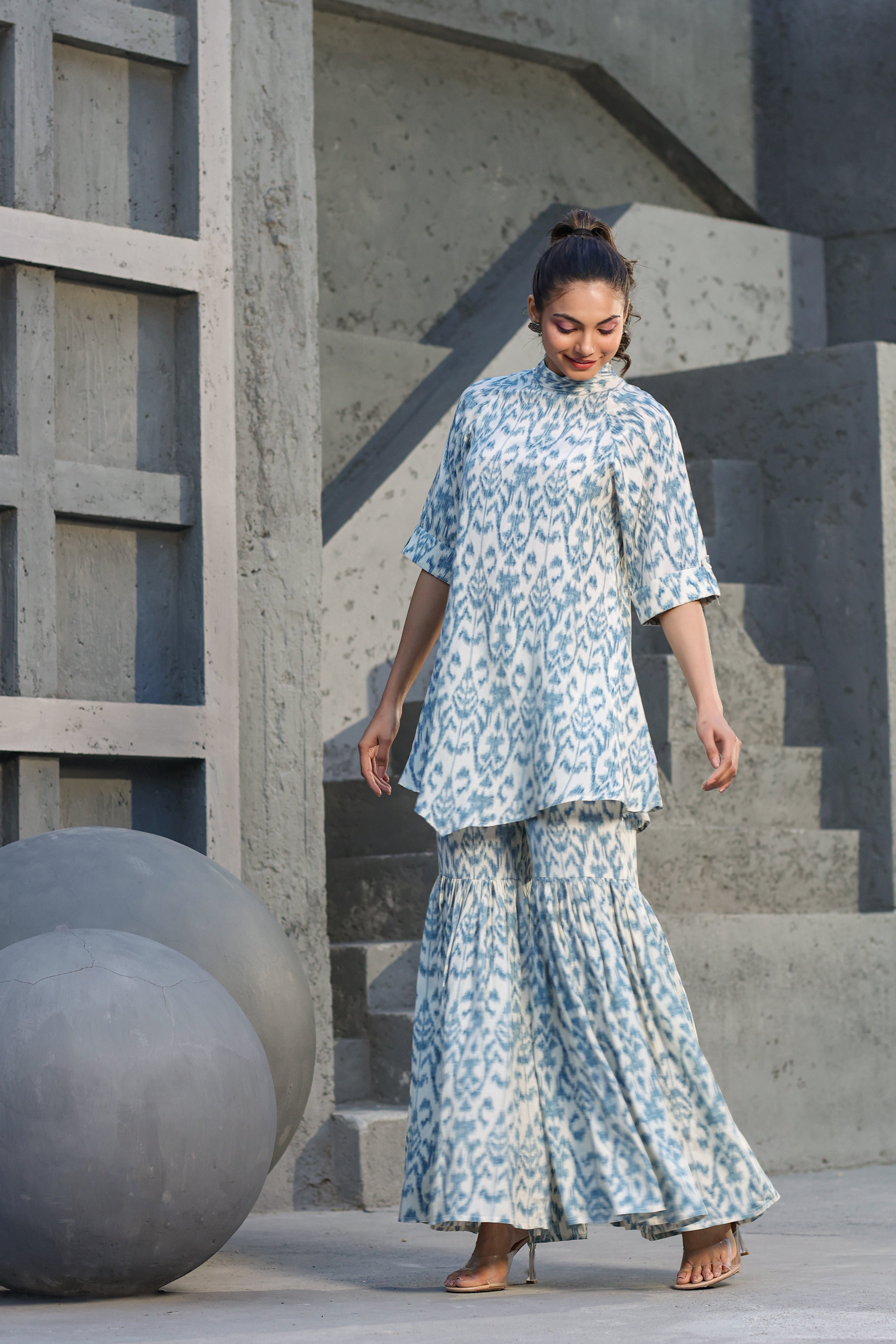 Blue Ikat on Russian Silk Sharara Co-ord Set