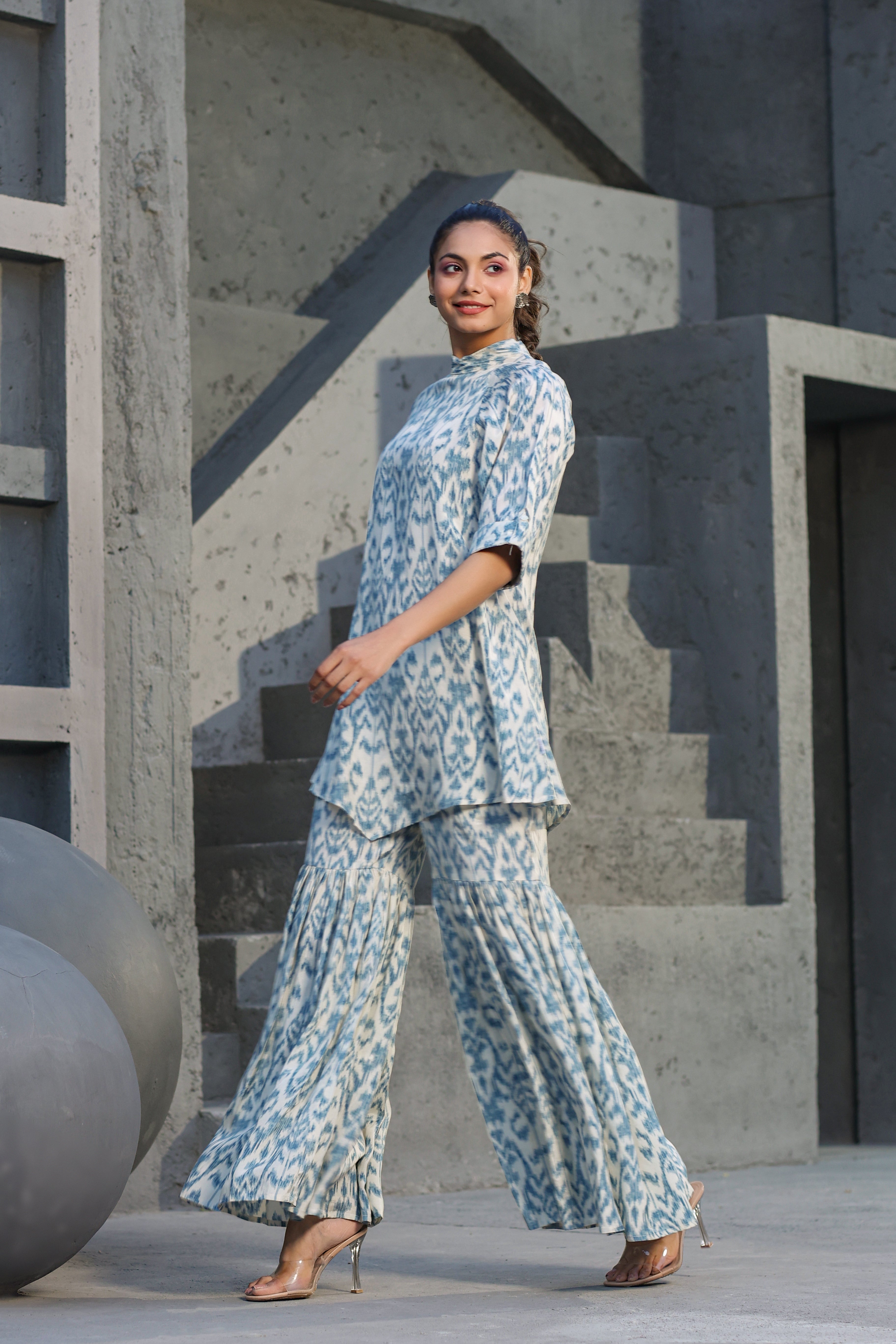 Blue Ikat on Russian Silk Sharara Co-ord Set
