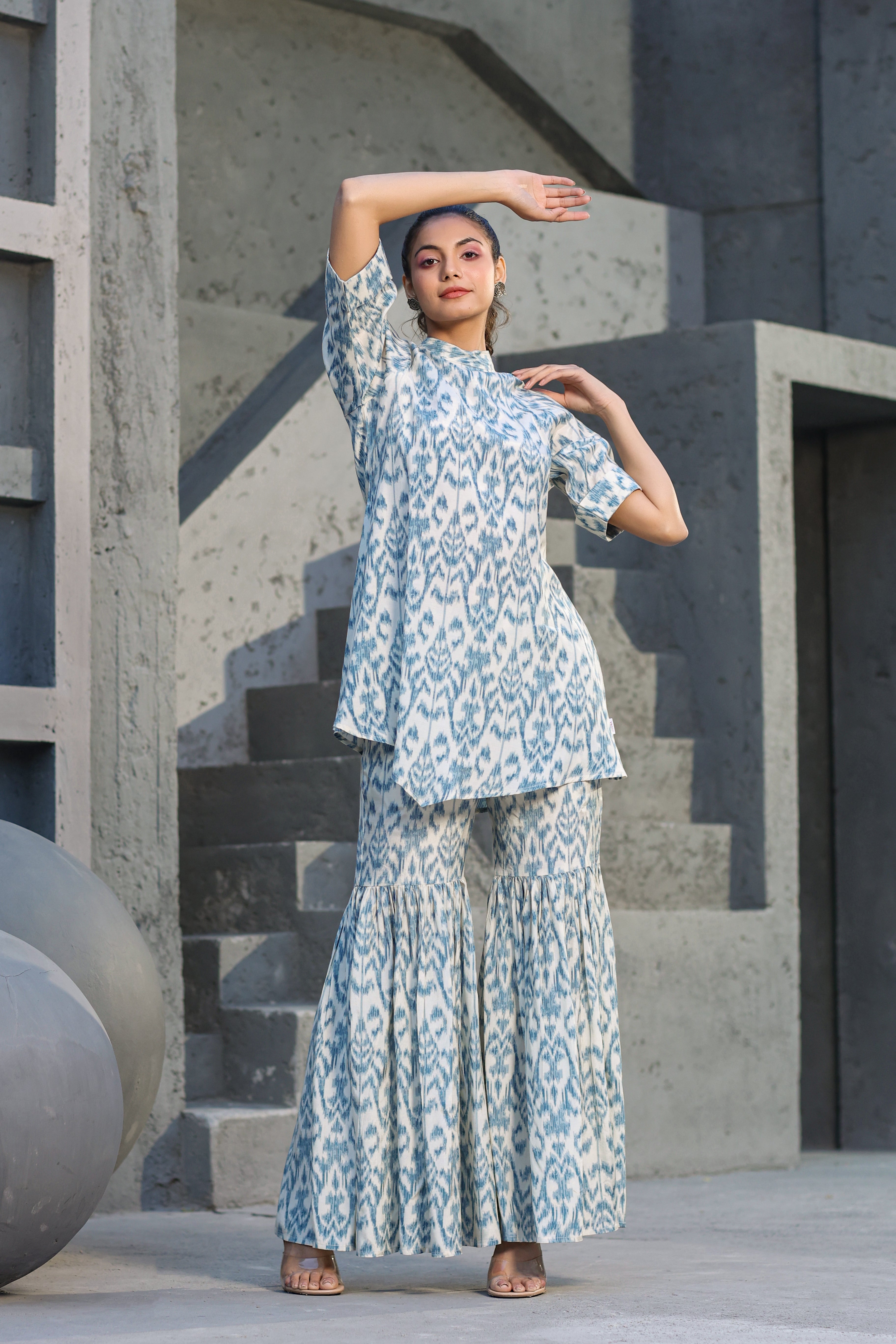 Blue Ikat on Russian Silk Sharara Co-ord Set