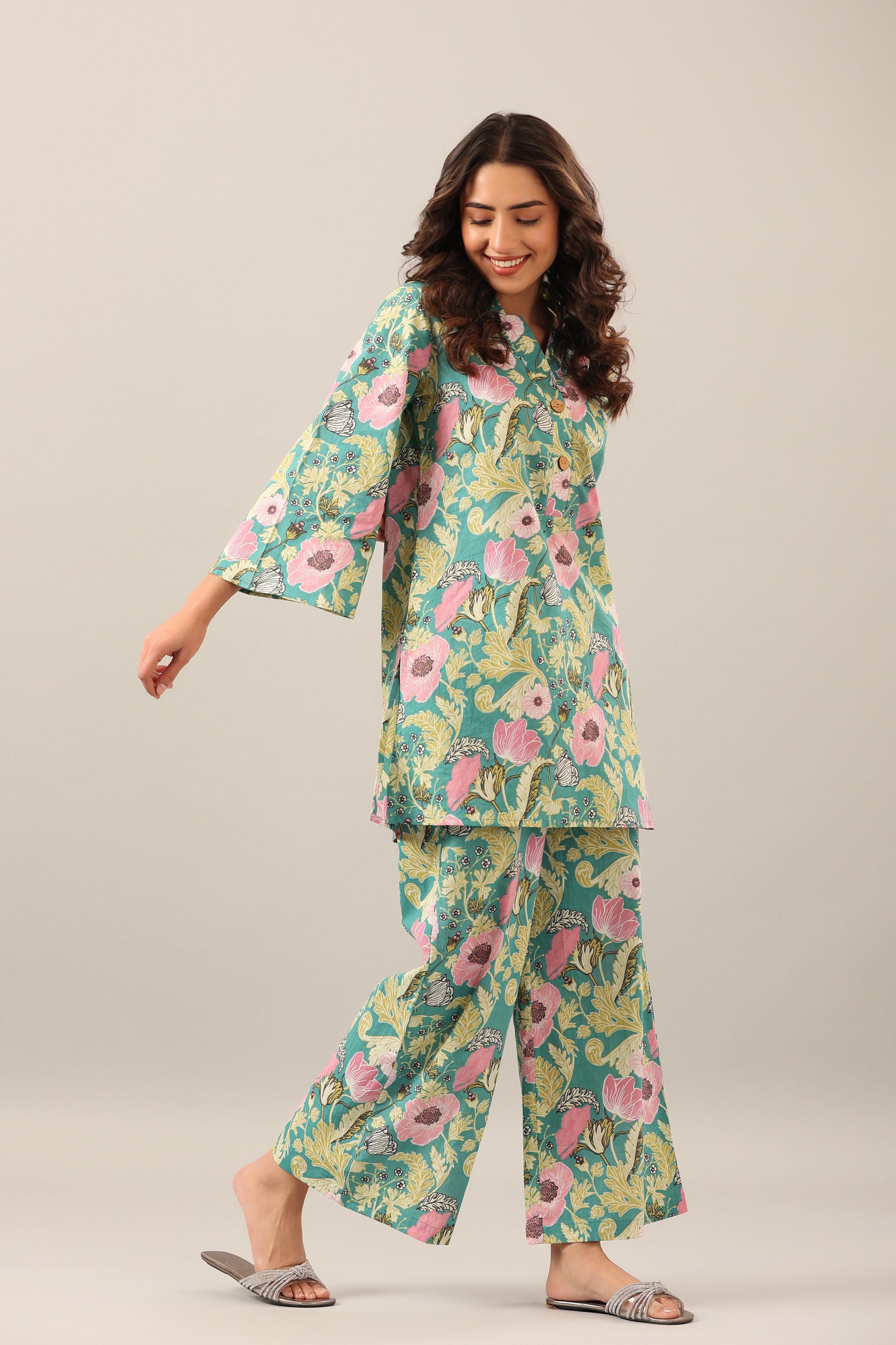 Dandelion Jaal on Green Cotton Palazzo Loungewear Set