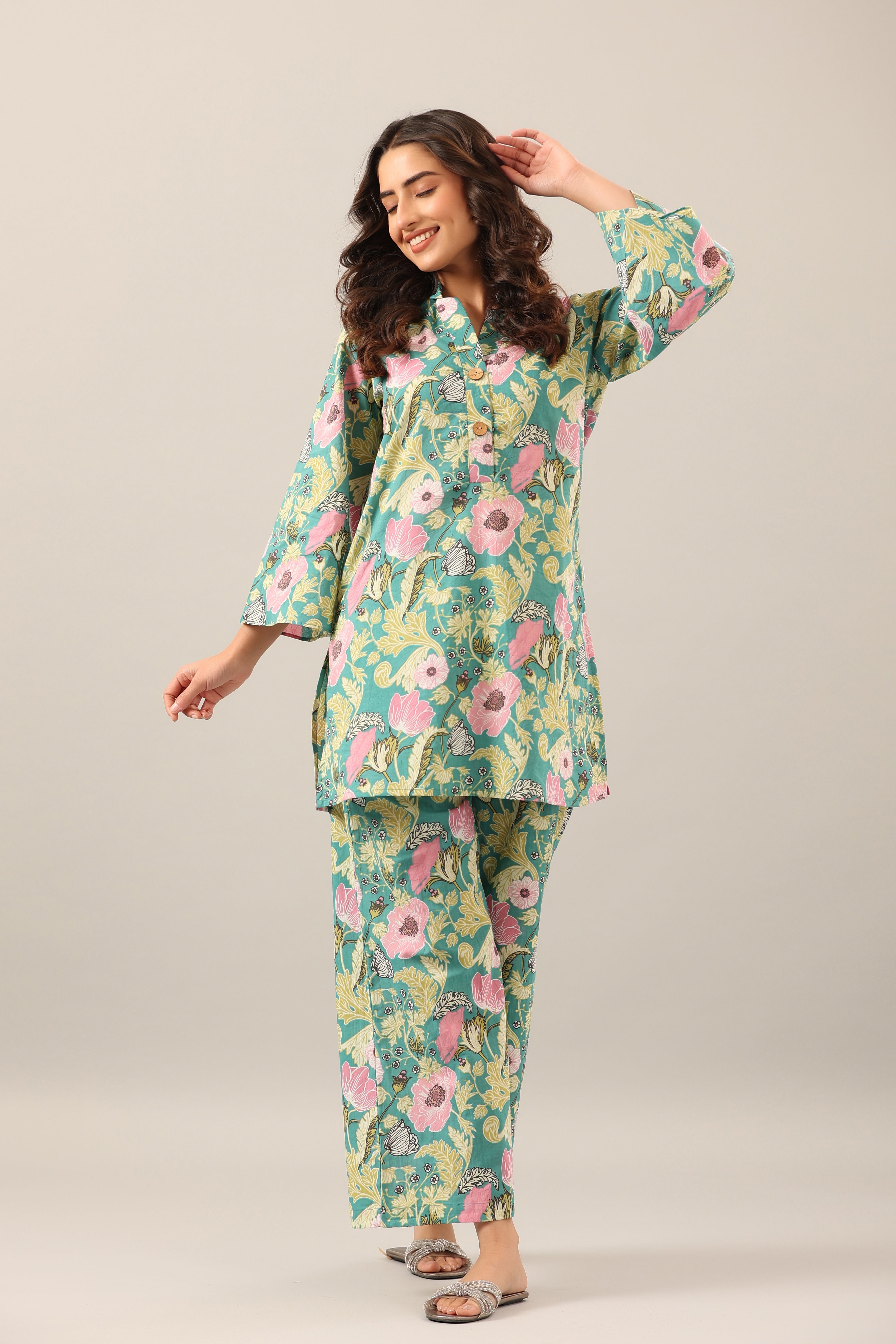 Dandelion Jaal on Green Cotton Palazzo Loungewear Set