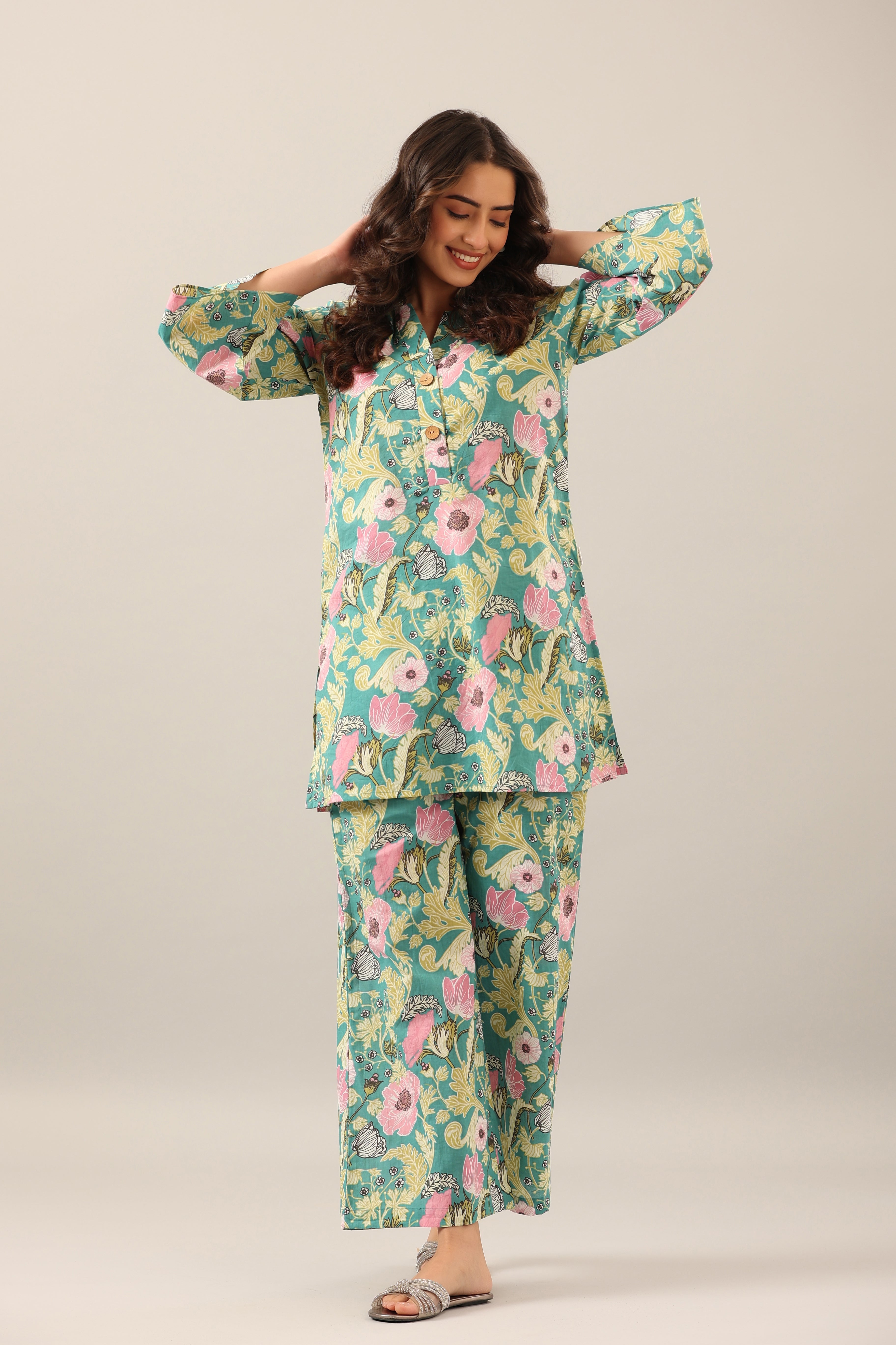 Dandelion Jaal on Green Cotton Palazzo Loungewear Set