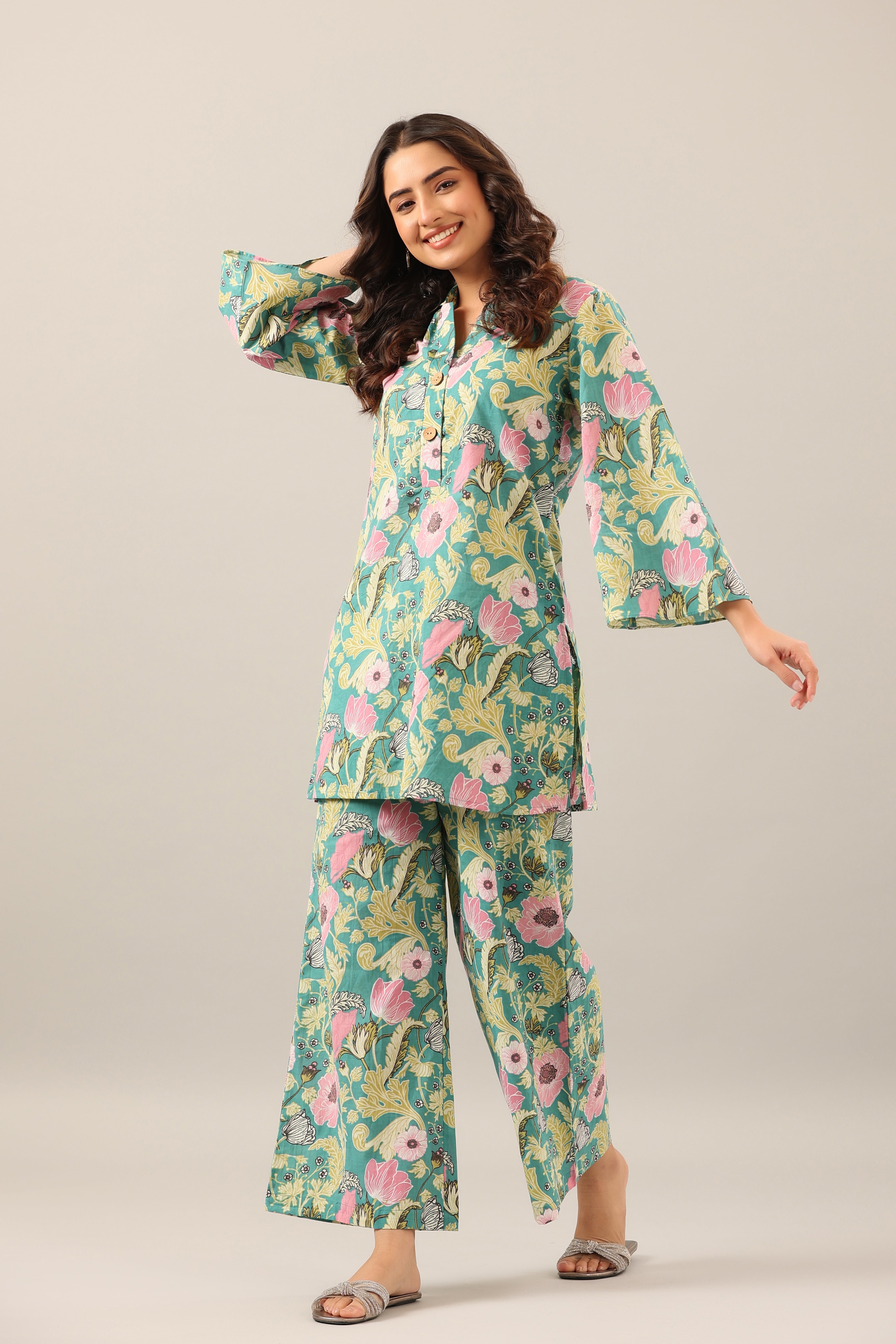 Dandelion Jaal on Green Cotton Palazzo Loungewear Set