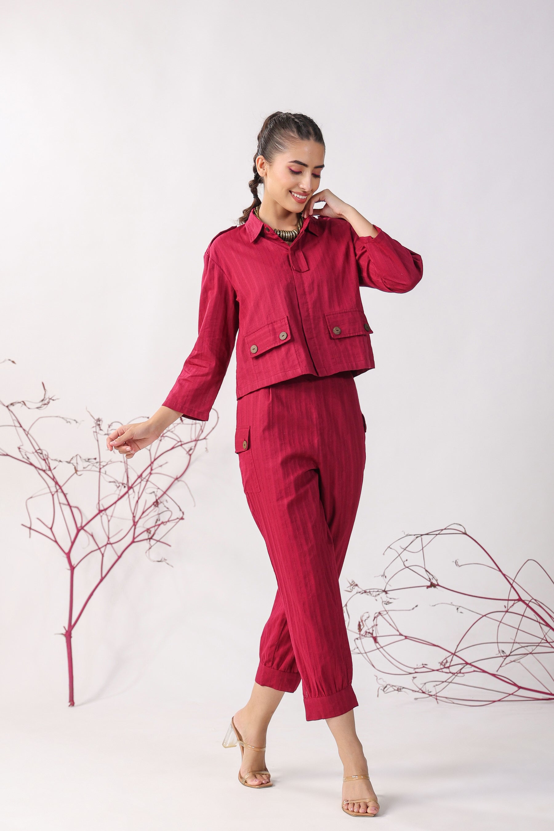 Solid Maroon Dobby Cotton Co-ord Set