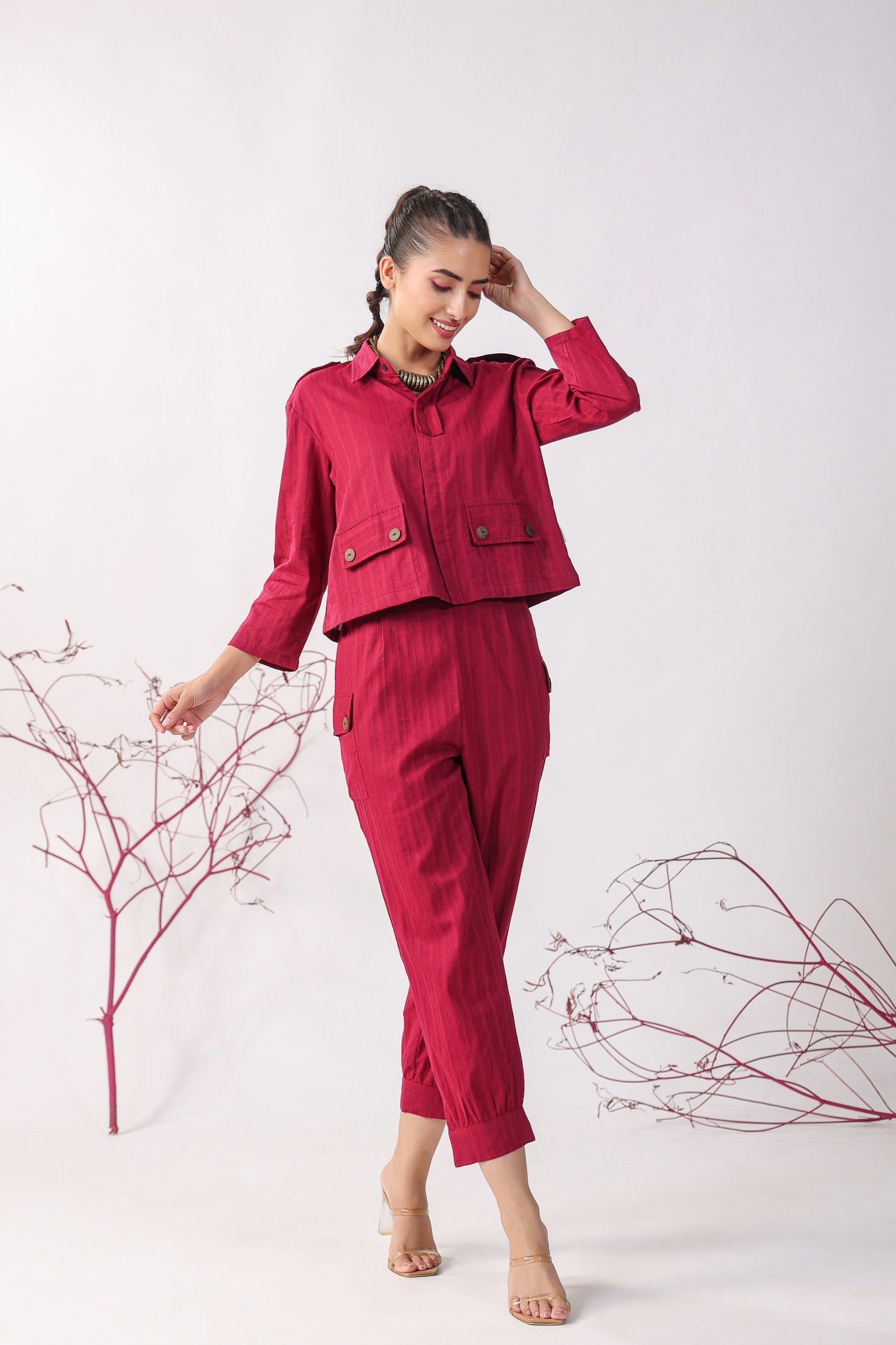 Solid Maroon Dobby Cotton Co-ord Set