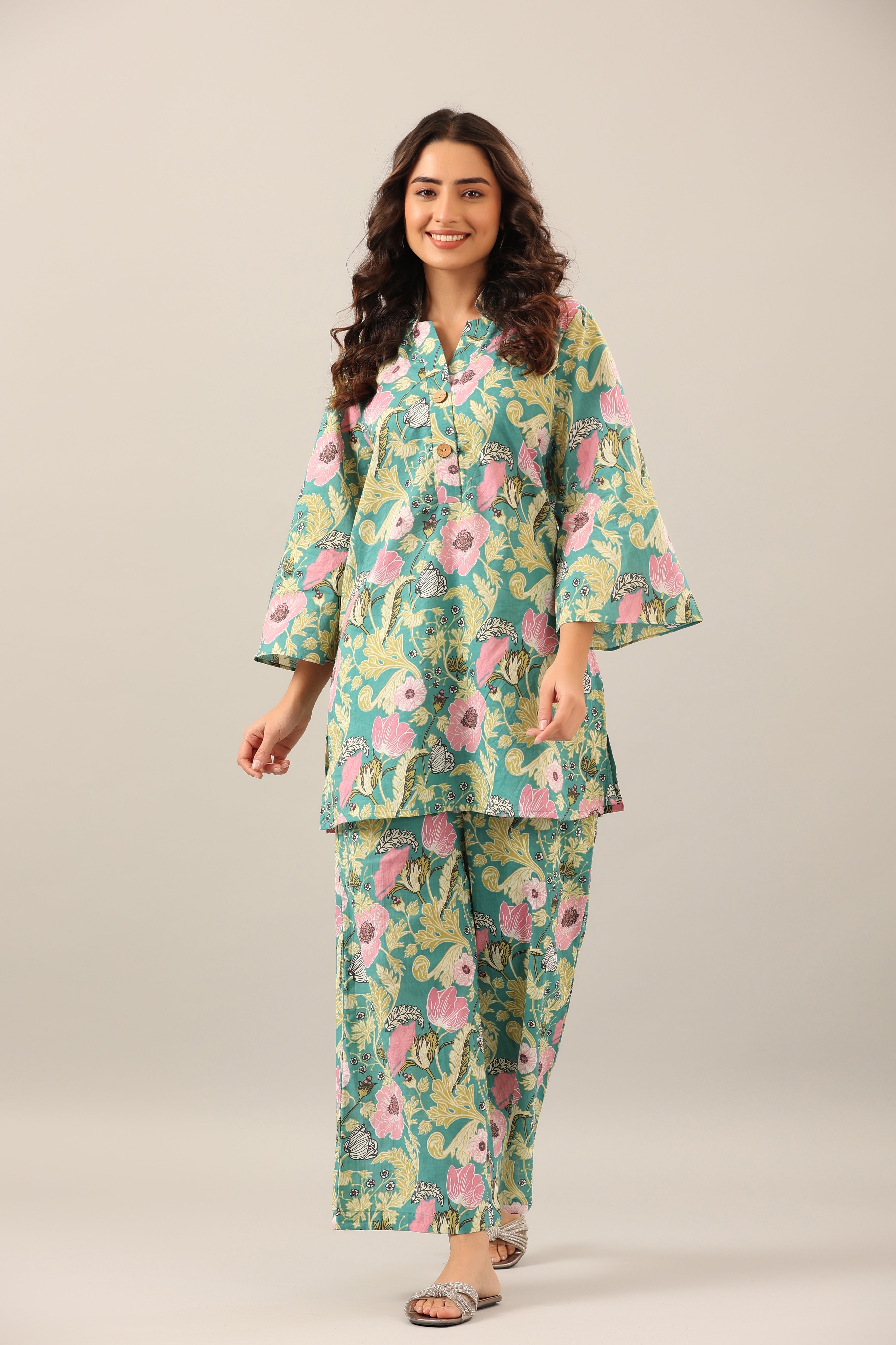 Dandelion Jaal on Green Cotton Palazzo Loungewear Set
