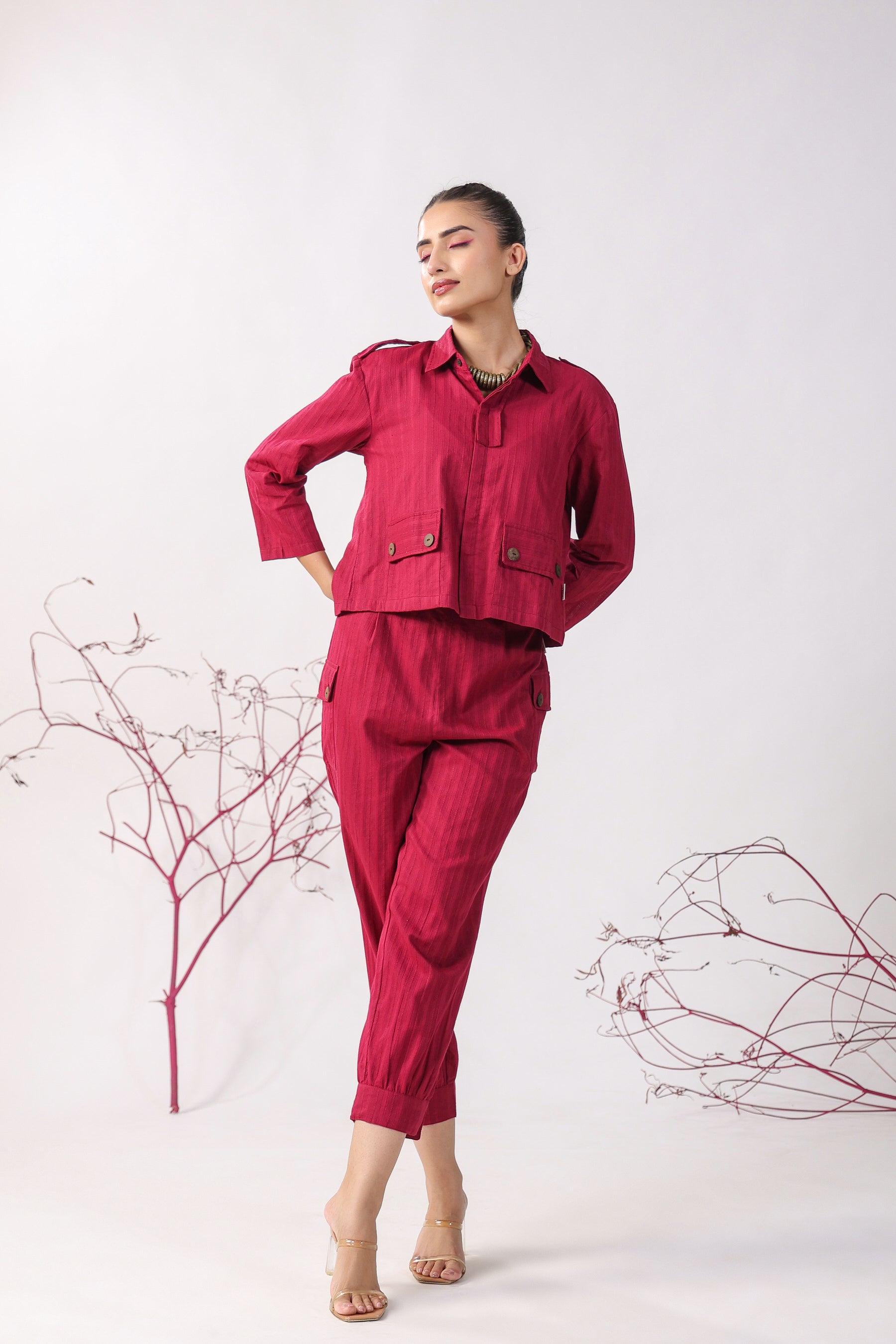 Solid Maroon Dobby Cotton Co-ord Set