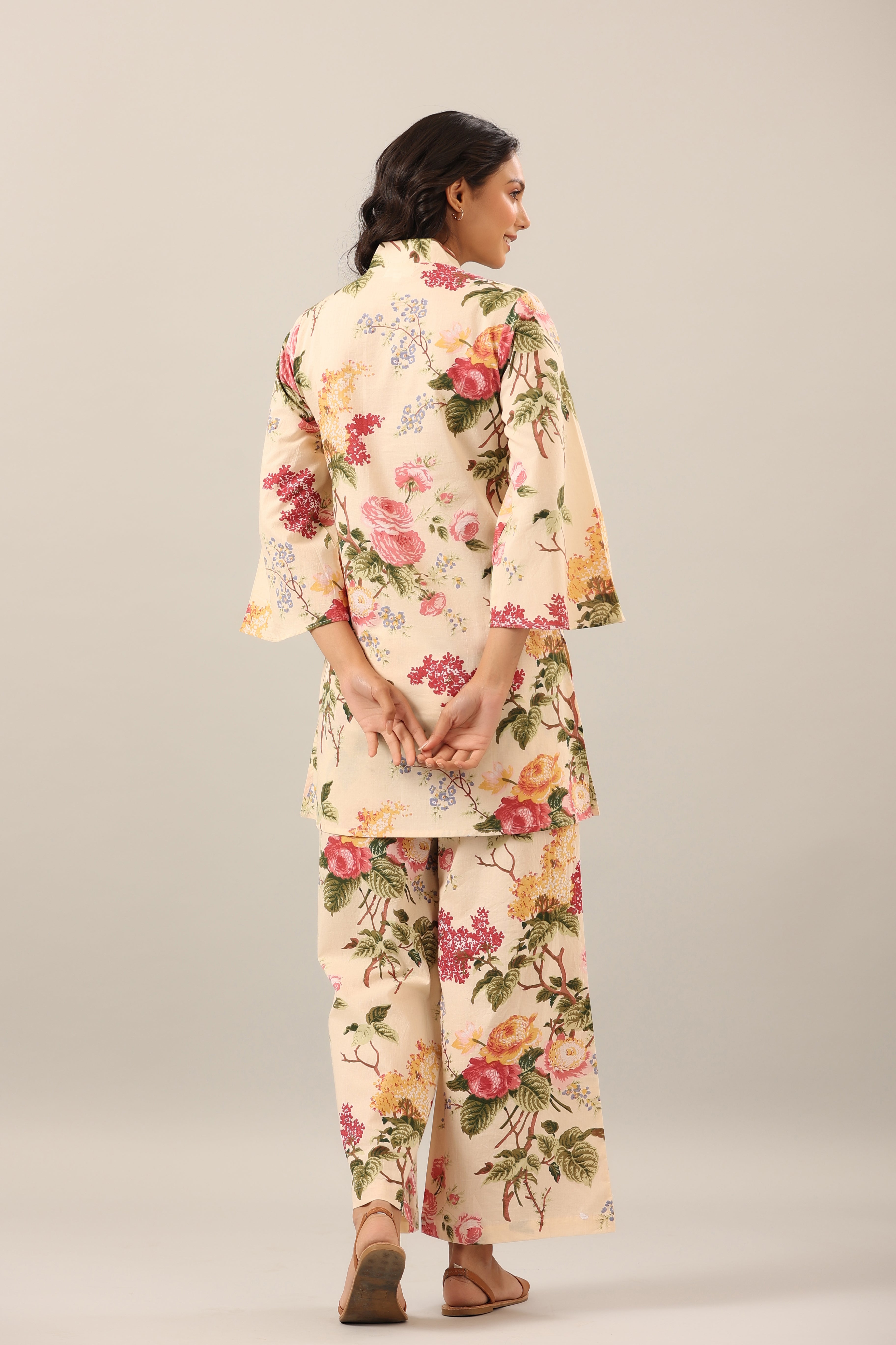 Floral jaal on Beige Cotton Palazzo Loungewear Set