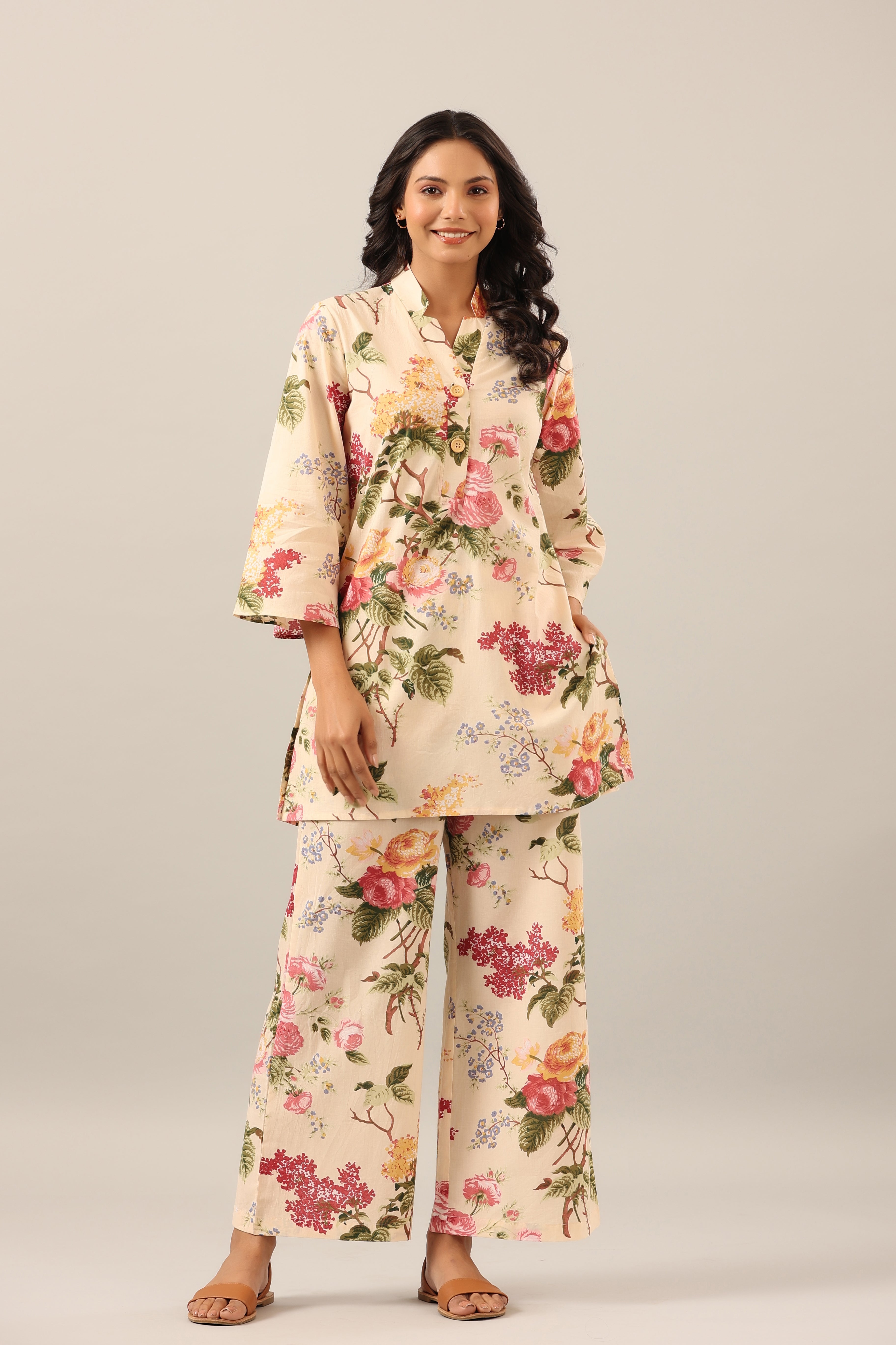 Floral jaal on Beige Cotton Palazzo Loungewear Set