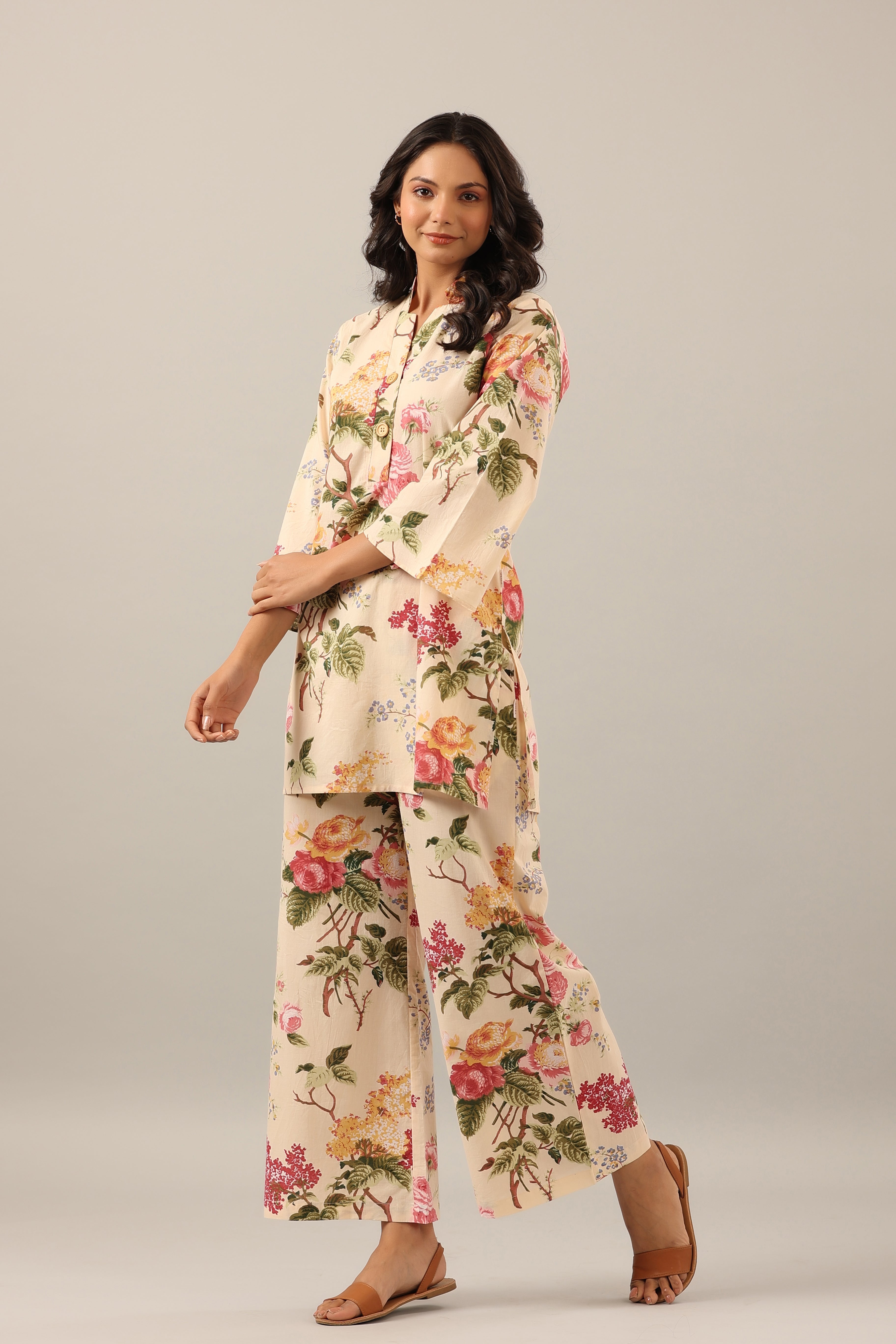 Floral jaal on Beige Cotton Palazzo Loungewear Set