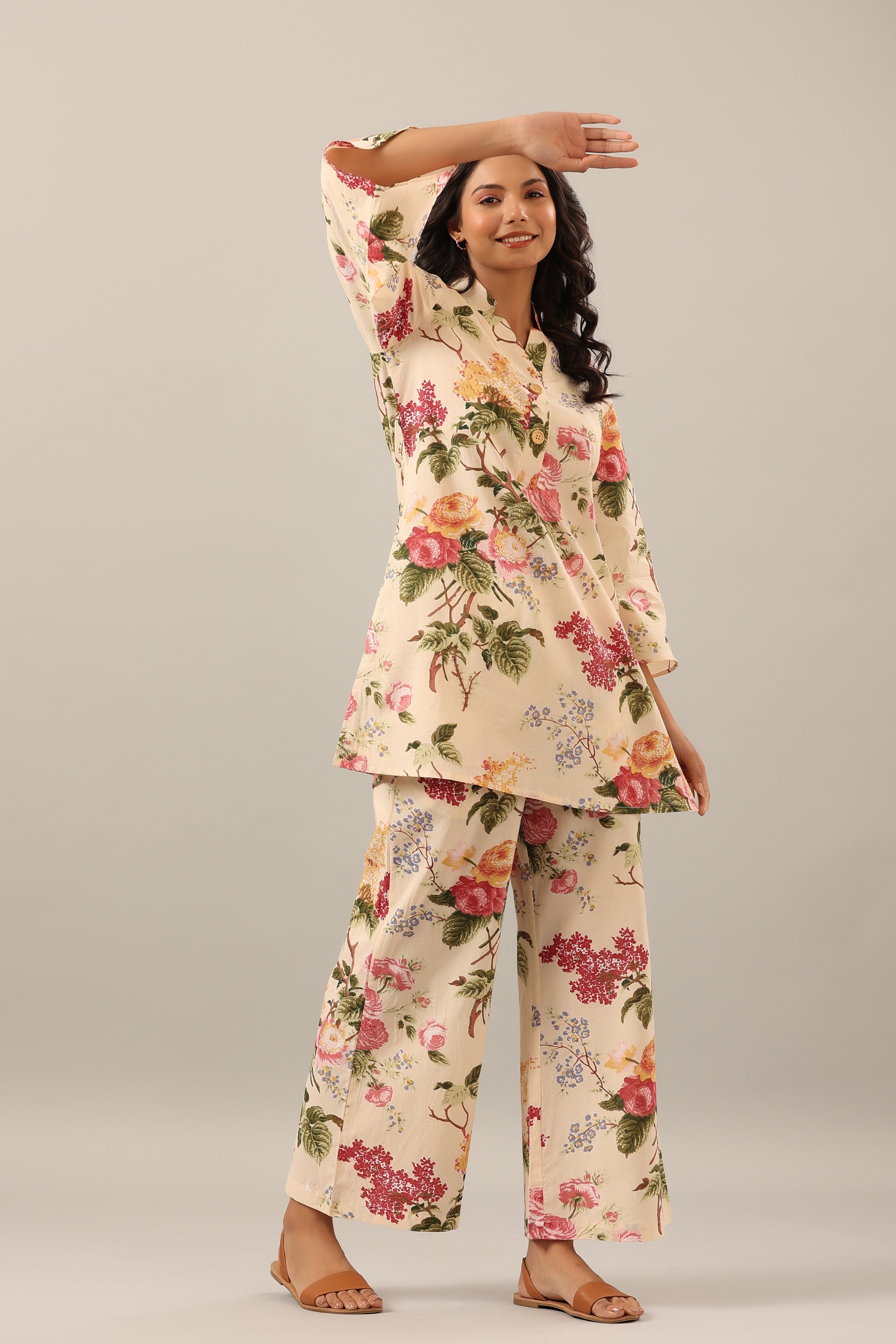 Floral jaal on Beige Cotton Palazzo Loungewear Set