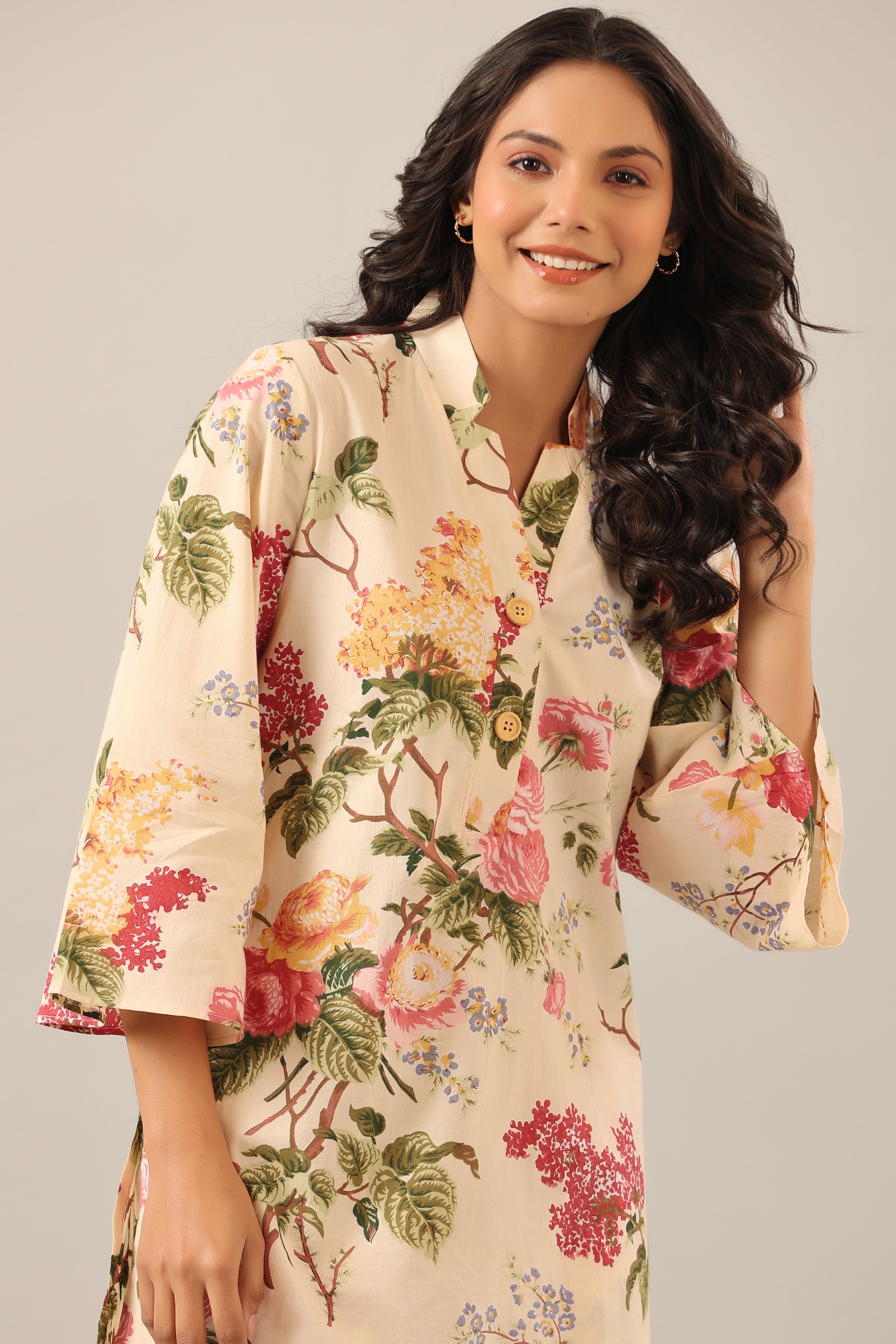 Floral jaal on Beige Cotton Palazzo Loungewear Set
