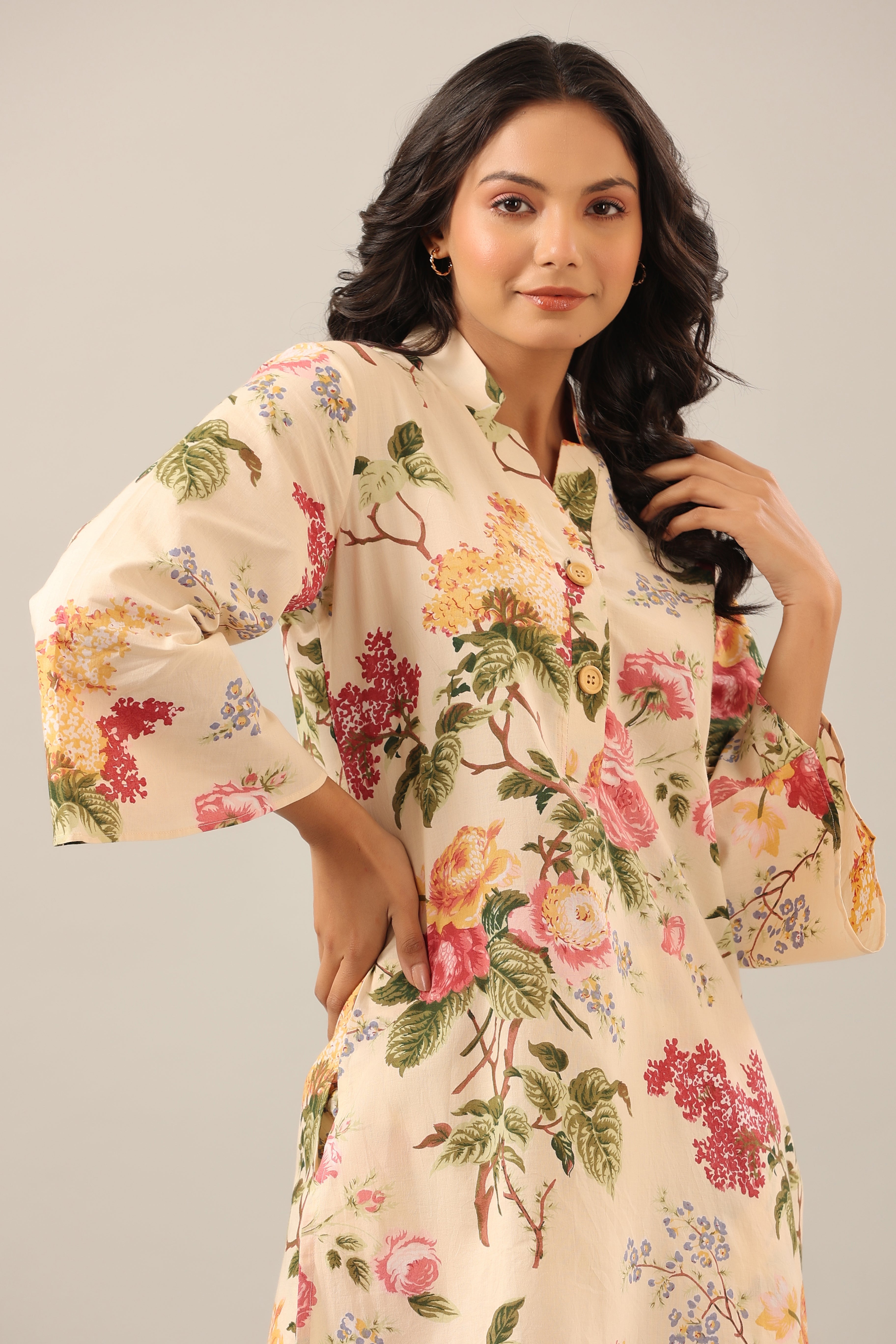 Floral jaal on Beige Cotton Palazzo Loungewear Set