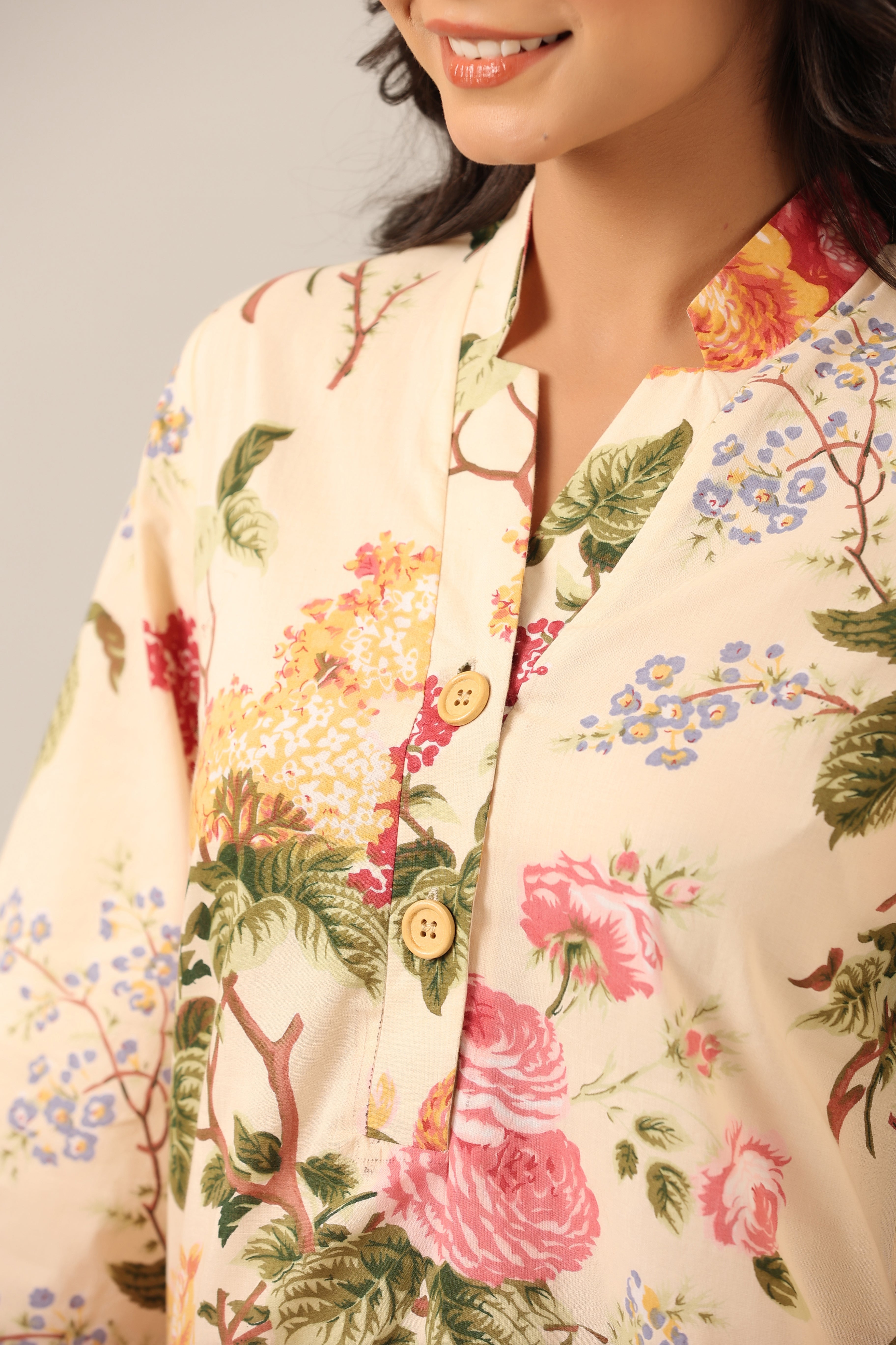 Floral jaal on Beige Cotton Palazzo Loungewear Set