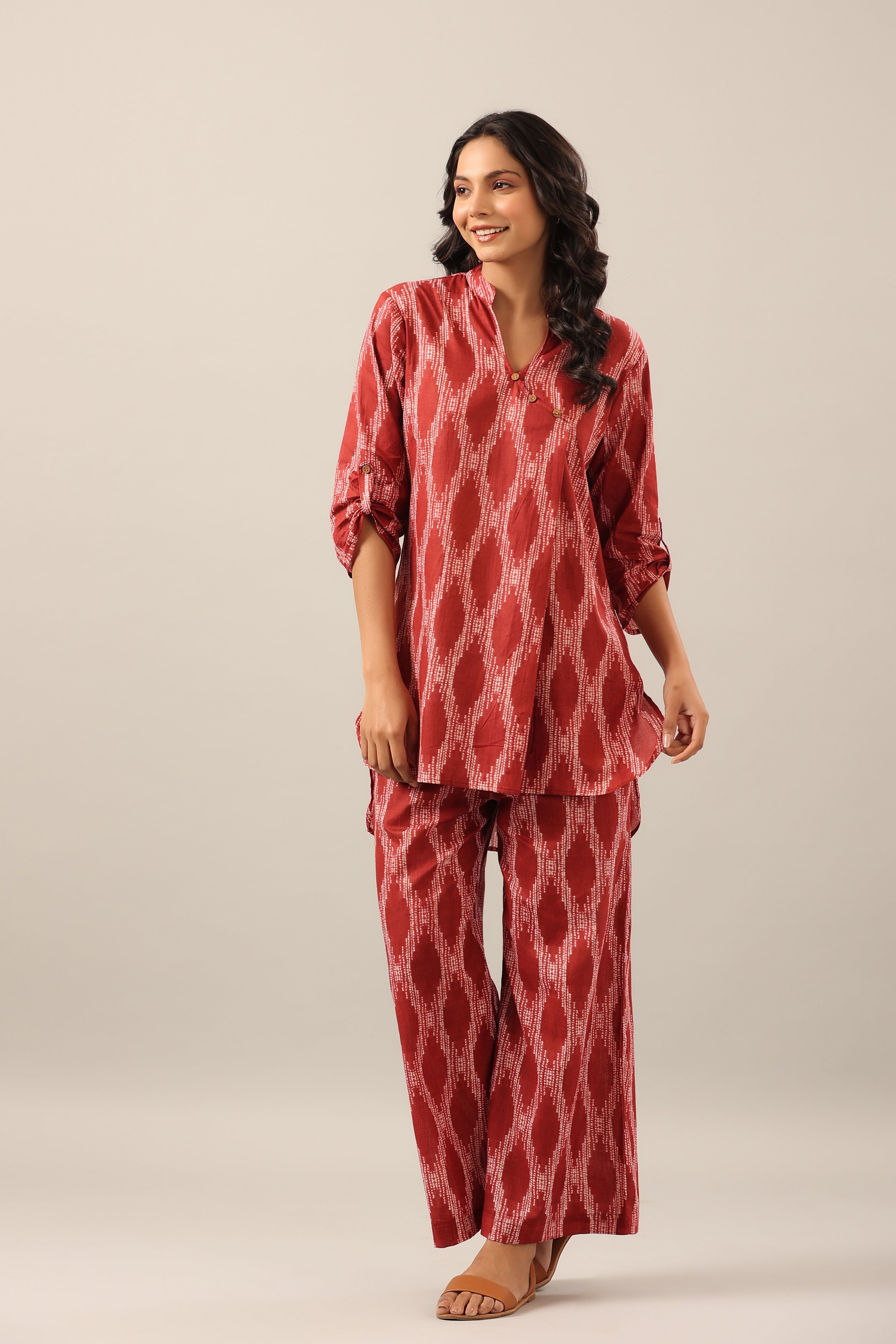 Dotted Shibori on Maroon Lounge Cotton Co-ord Set