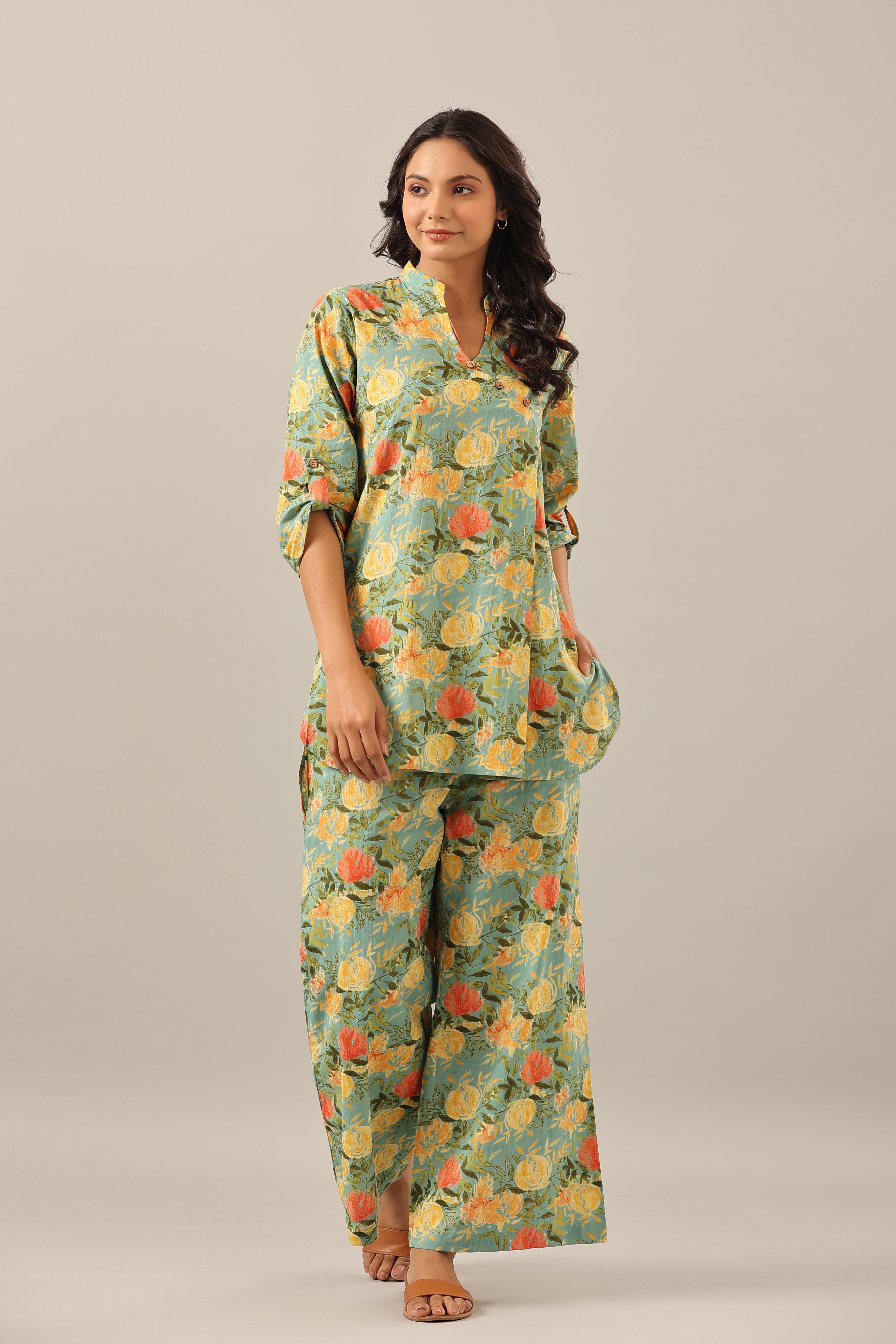 Yellow Jaal on Green Lounge Cotton Co-ord Set