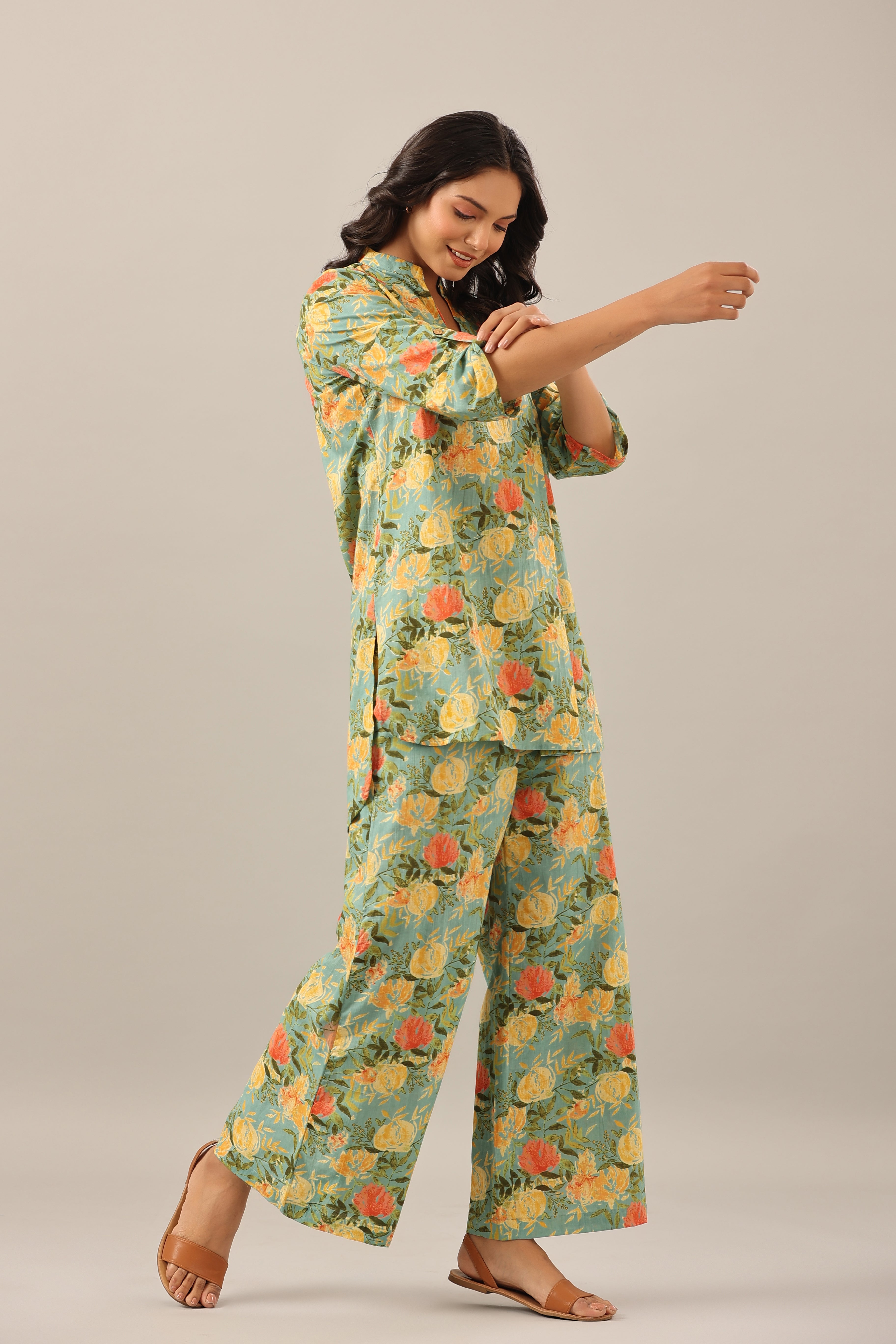 Yellow Jaal on Green Lounge Cotton Co-ord Set