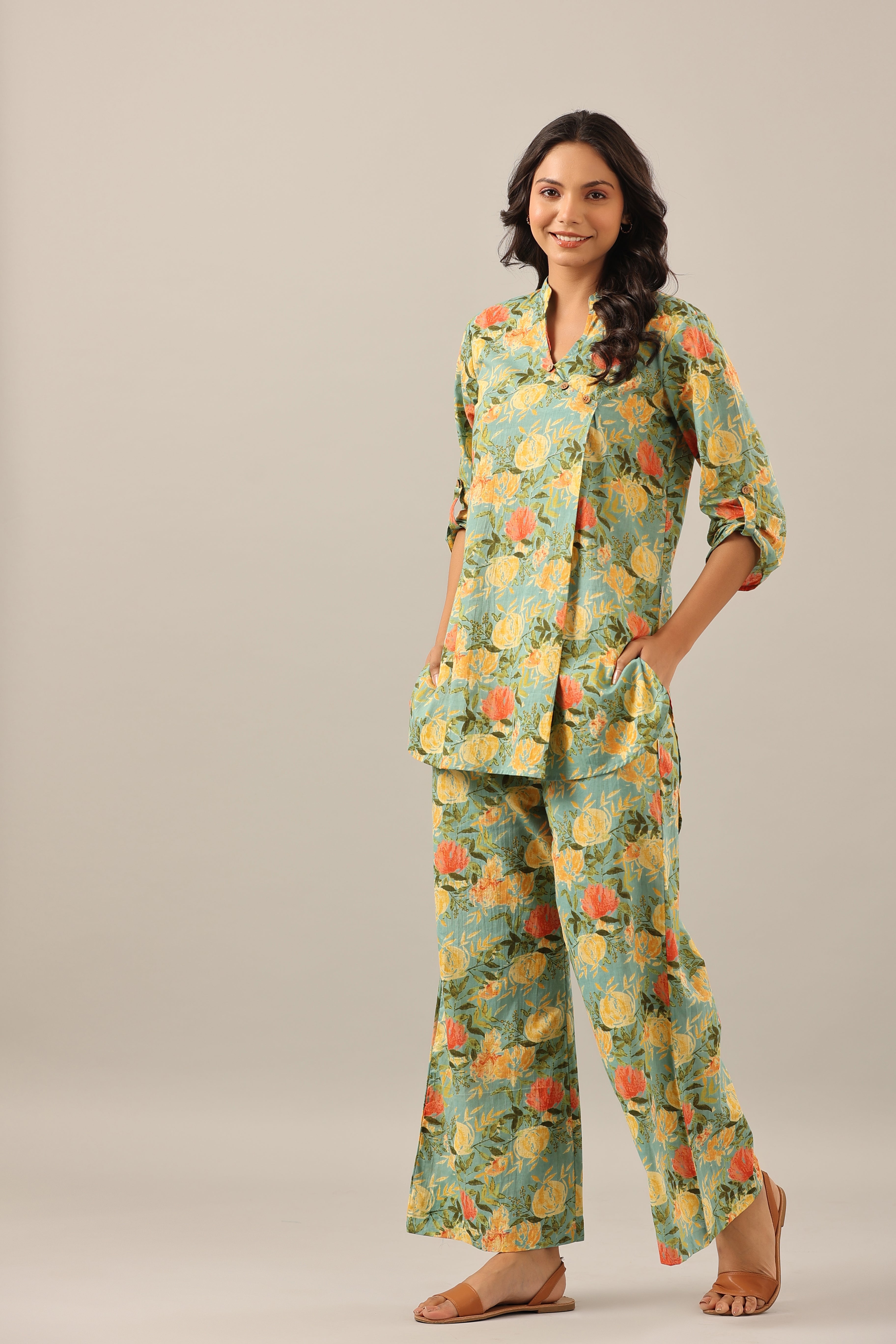 Yellow Jaal on Green Lounge Cotton Co-ord Set