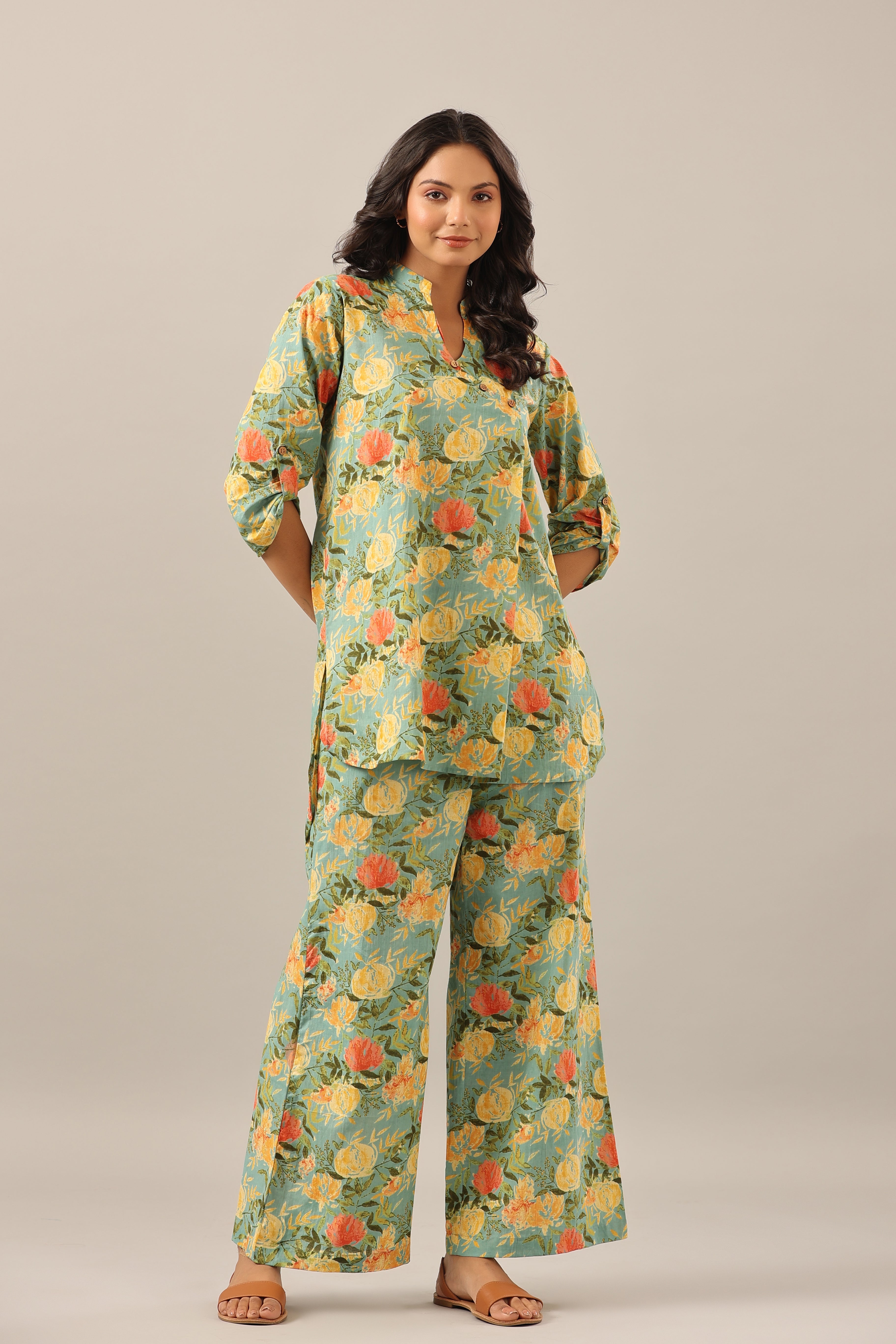 Yellow Jaal on Green Lounge Cotton Co-ord Set