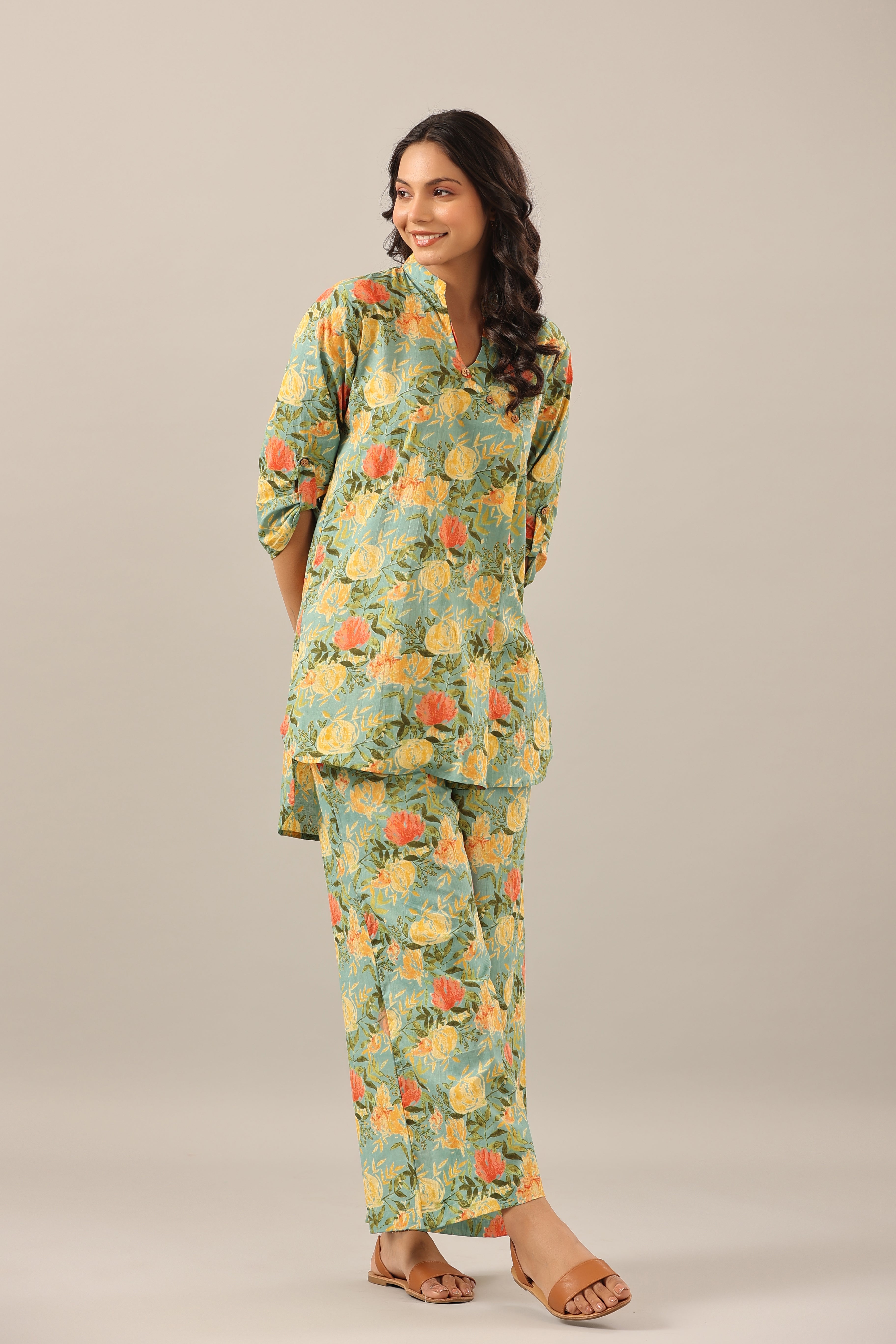 Yellow Jaal on Green Lounge Cotton Co-ord Set