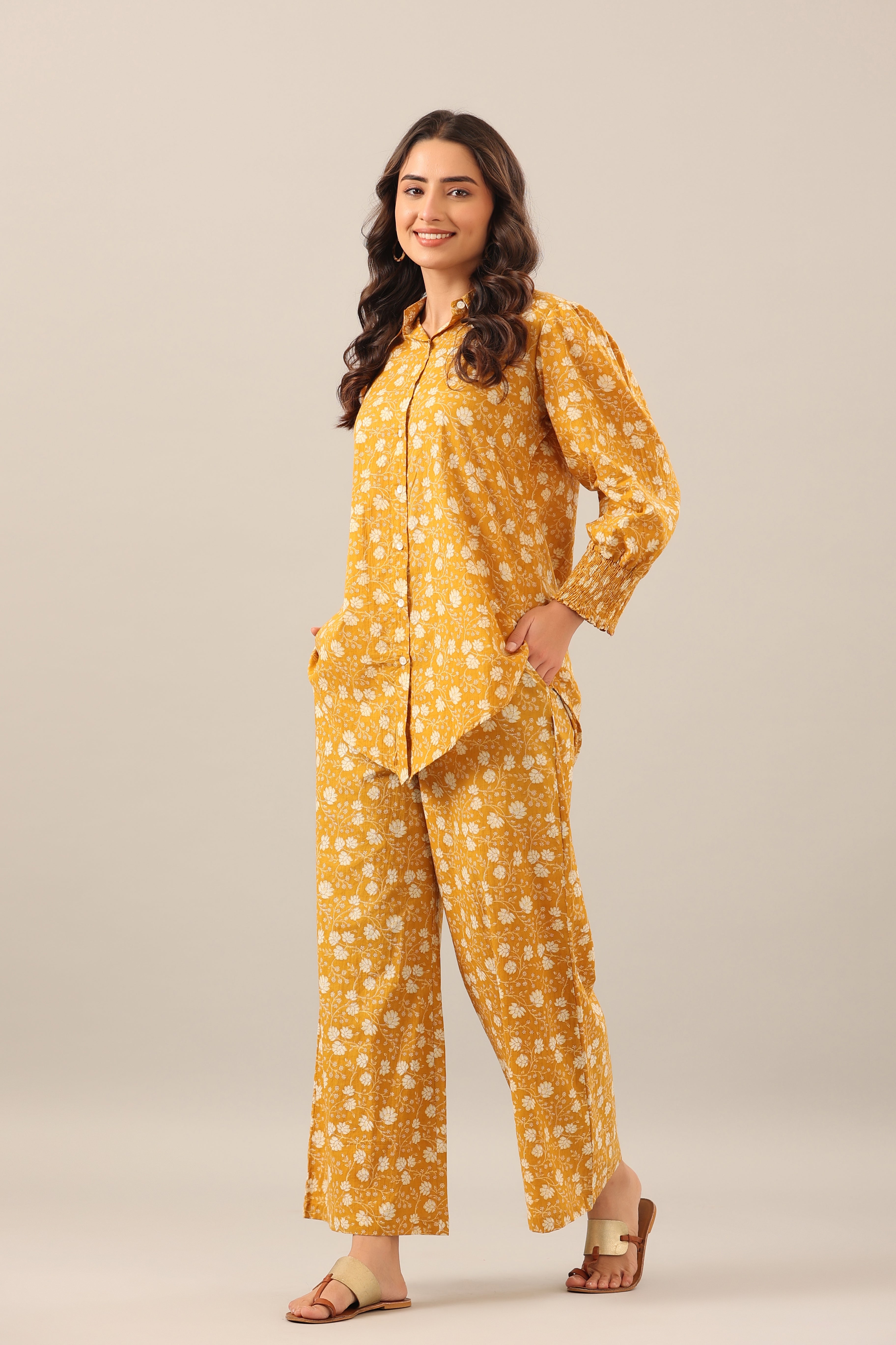 Marigold Collared Smoked Sleeves Cotton Co-ord Set