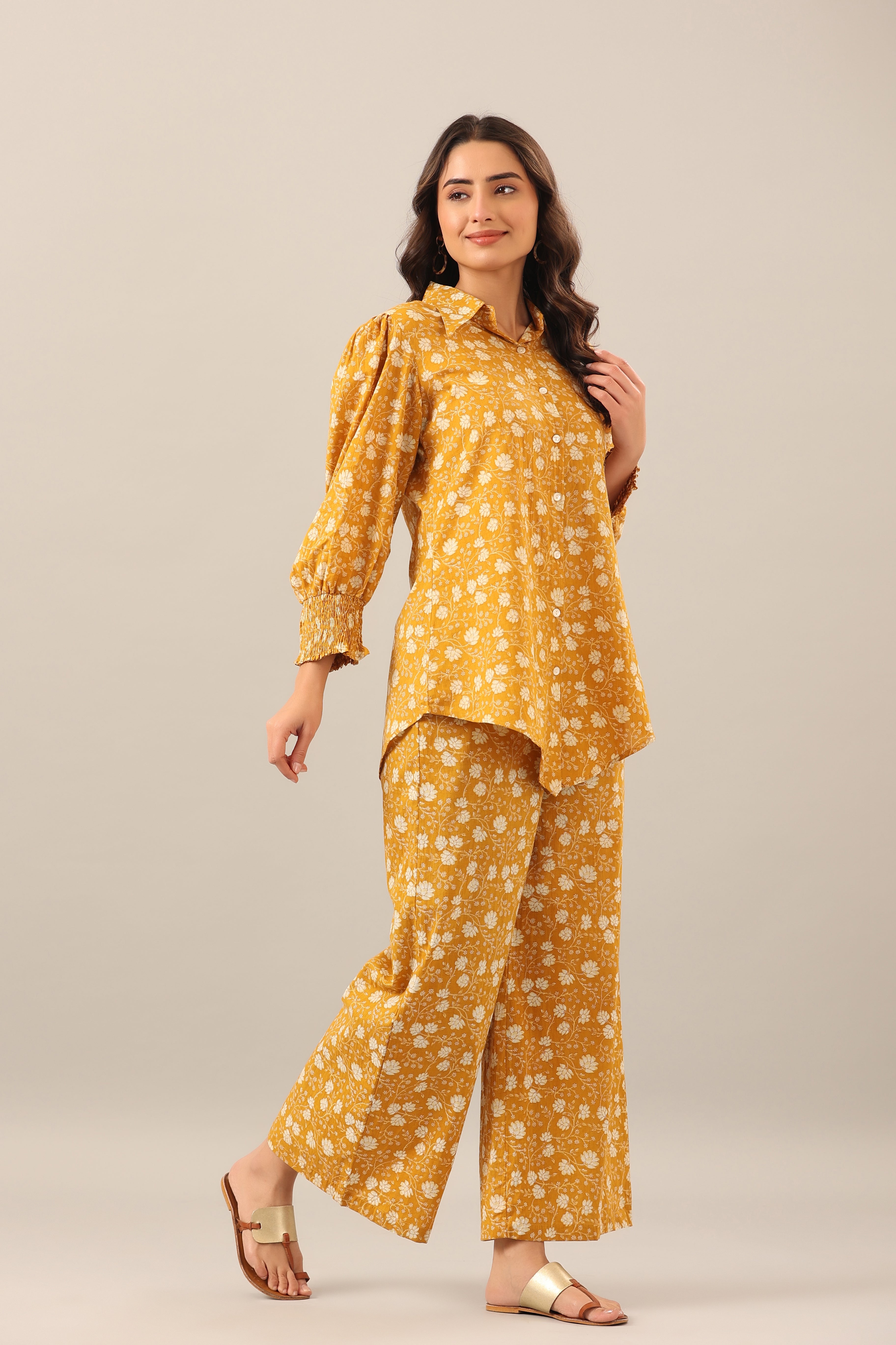 Marigold Collared Smoked Sleeves Cotton Co-ord Set