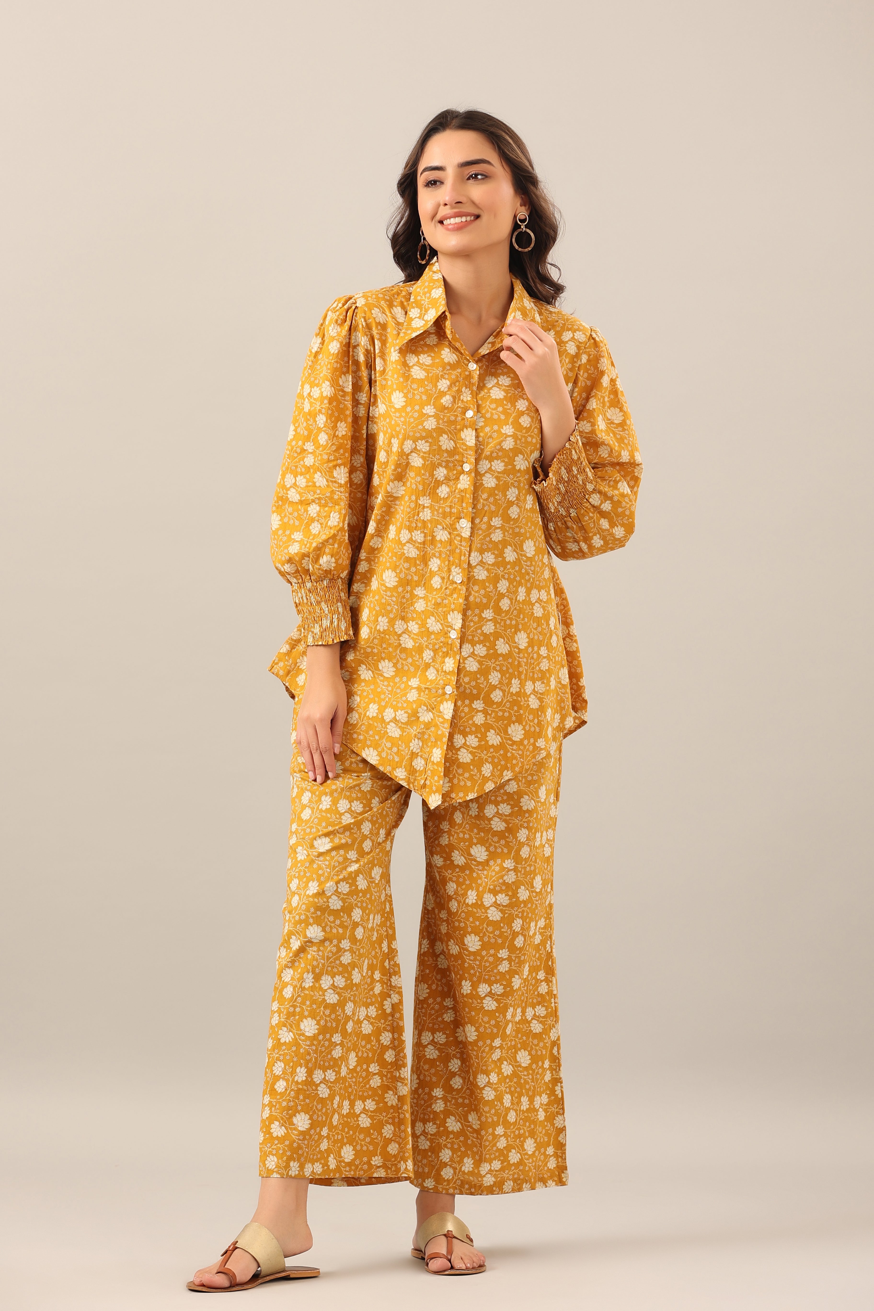 Marigold Collared Smoked Sleeves Cotton Co-ord Set