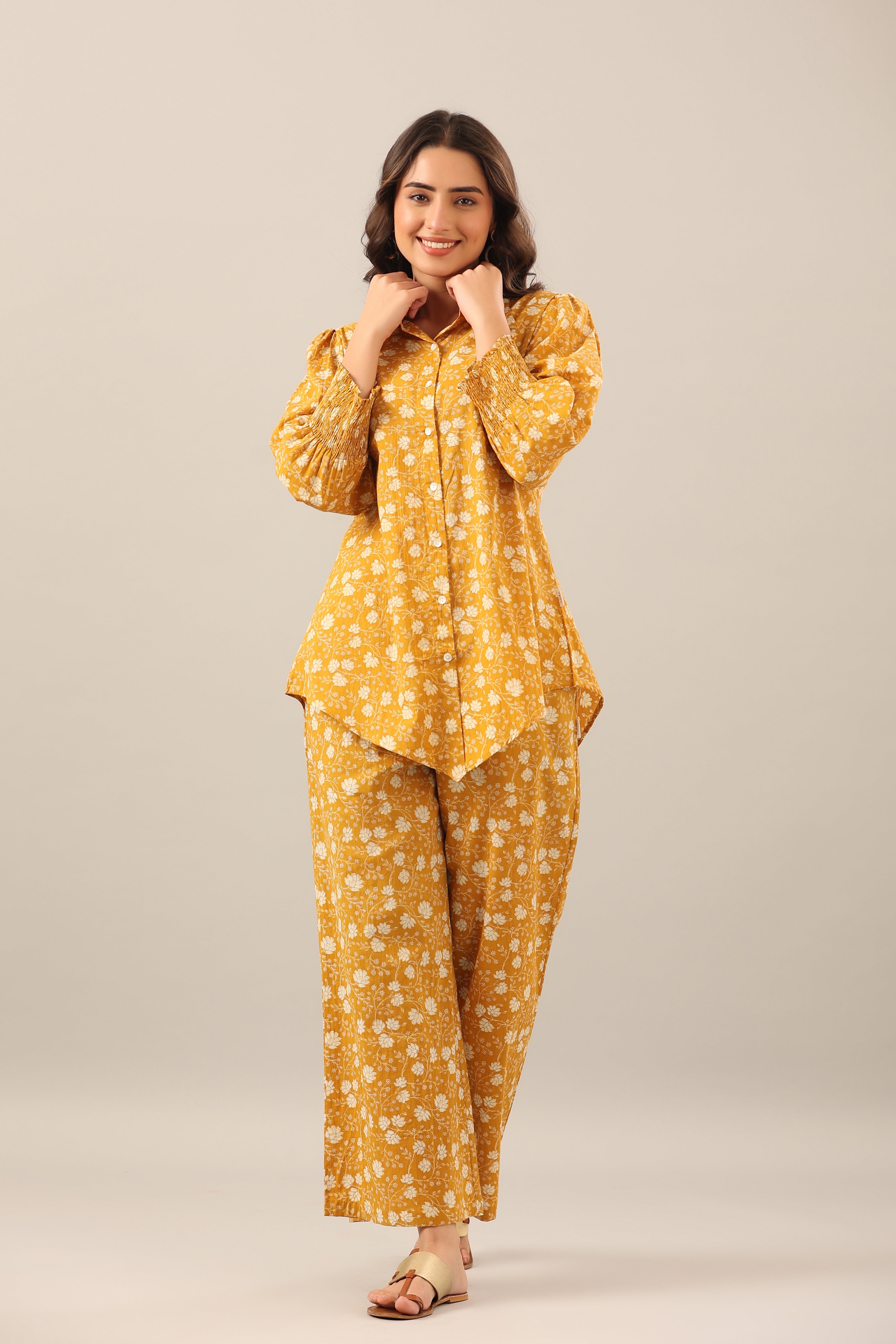 Marigold Collared Smoked Sleeves Cotton Co-ord Set