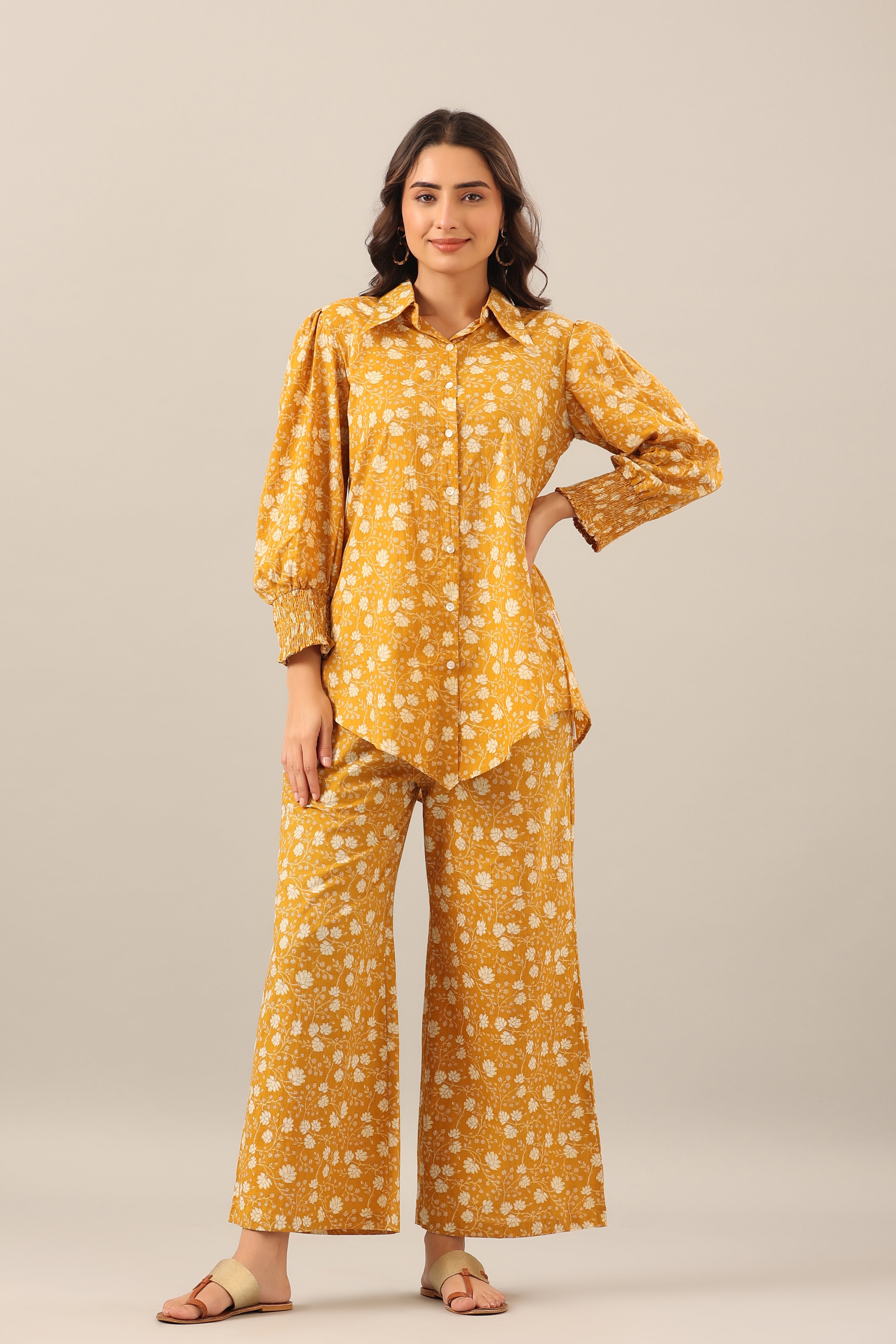 Marigold Collared Smoked Sleeves Cotton Co-ord Set