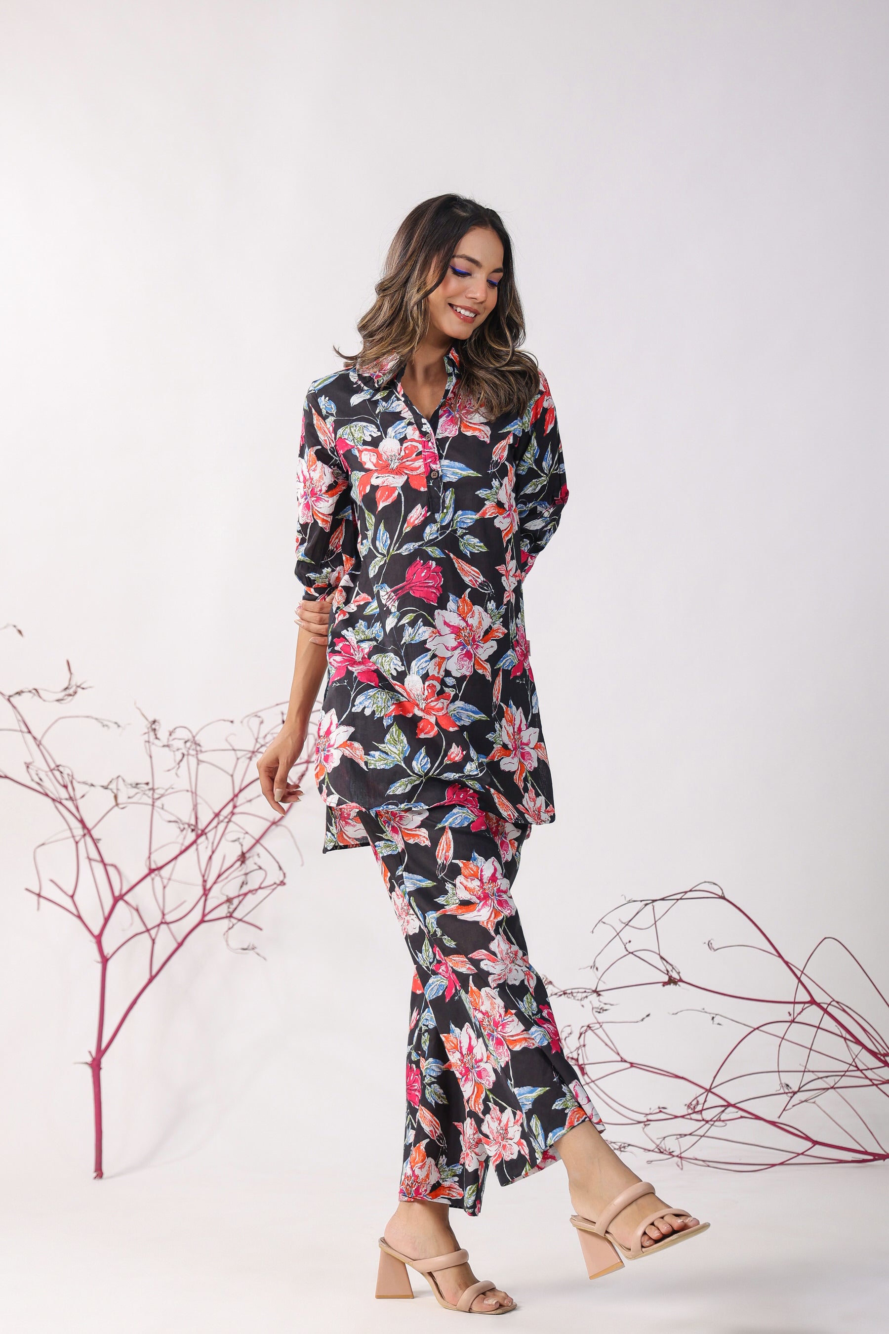Hibiscus Black Cotton Palazzo Loungewear Set