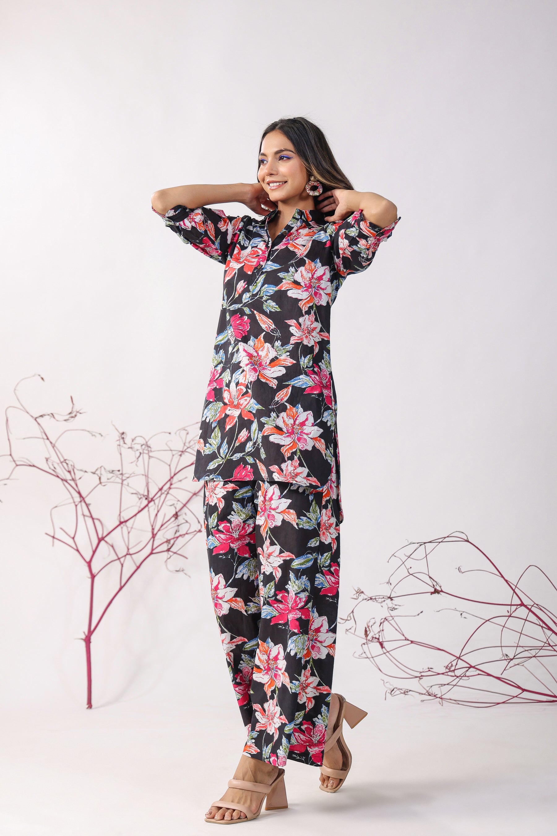 Hibiscus Black Cotton Palazzo Loungewear Set