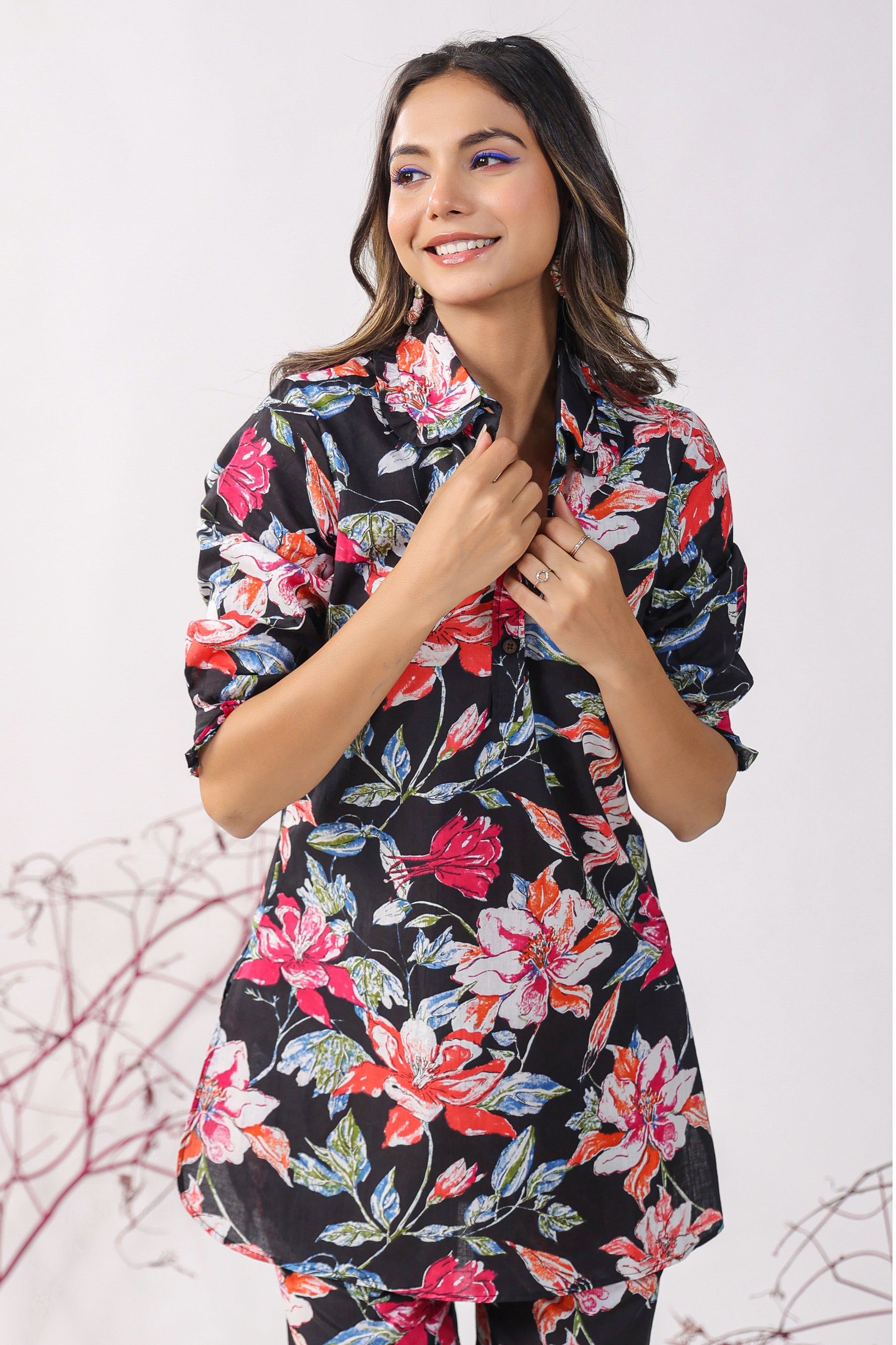Hibiscus Black Cotton Palazzo Loungewear Set