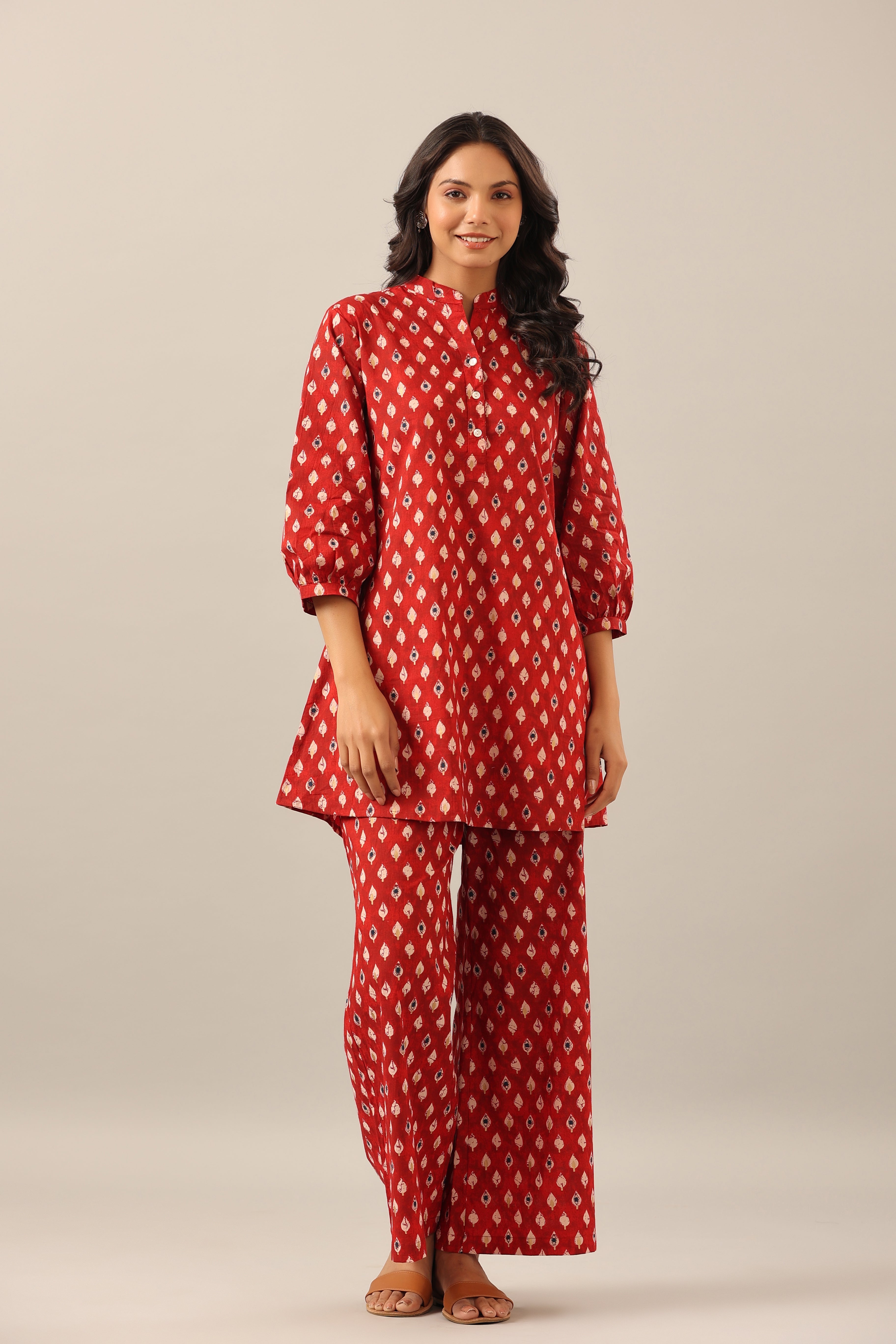 Traditional Motifs on Maroon Cotton Co-ord Lounge Set