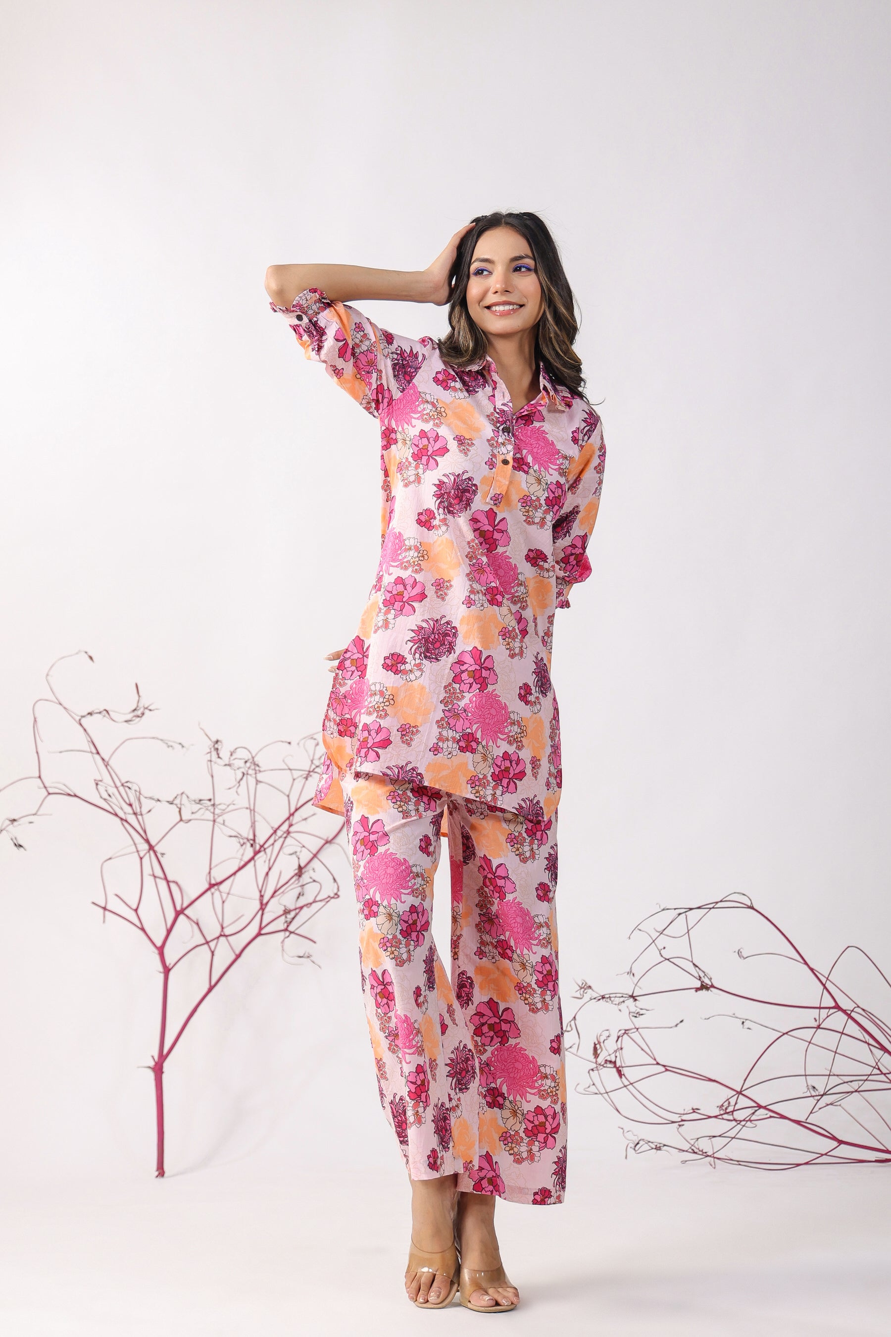 Dahlia on Pink Cotton Palazzo Loungewear Set