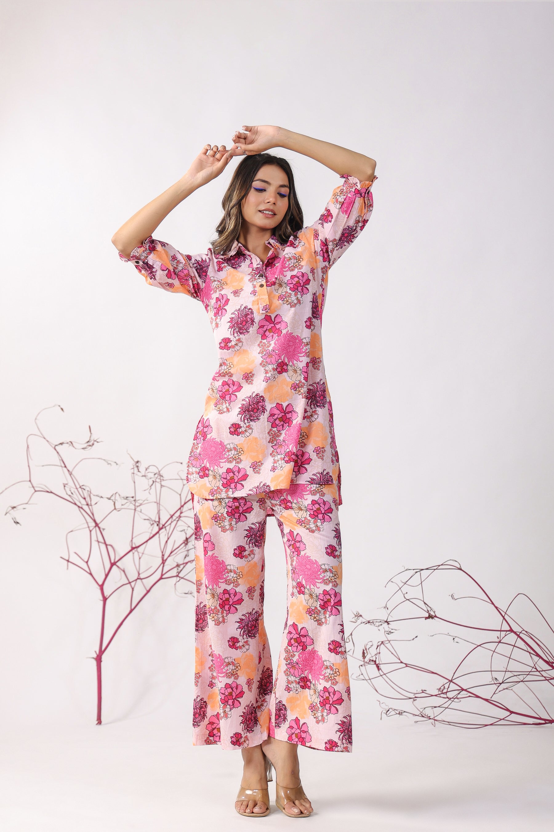Dahlia on Pink Cotton Palazzo Loungewear Set