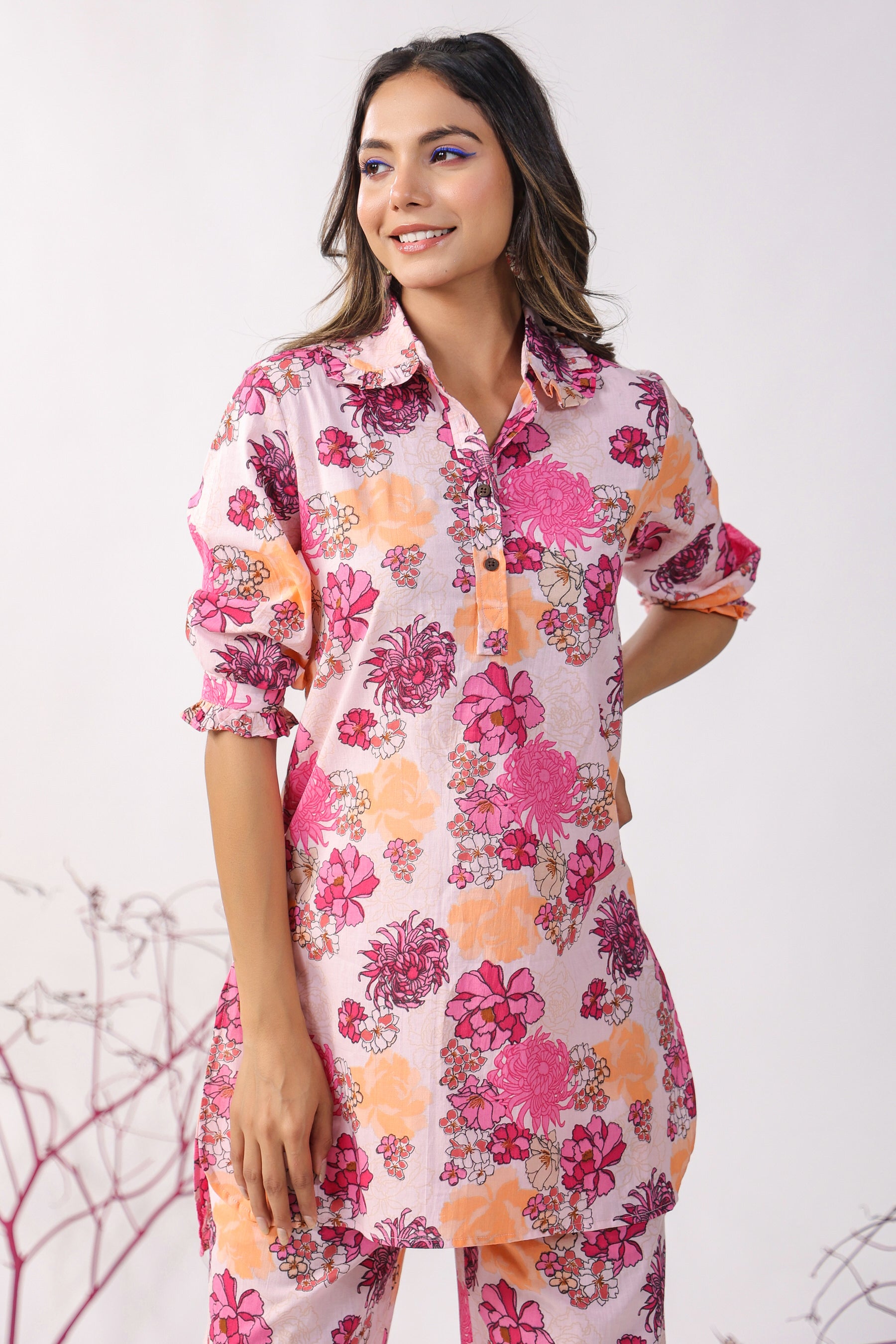 Dahlia on Pink Cotton Palazzo Loungewear Set