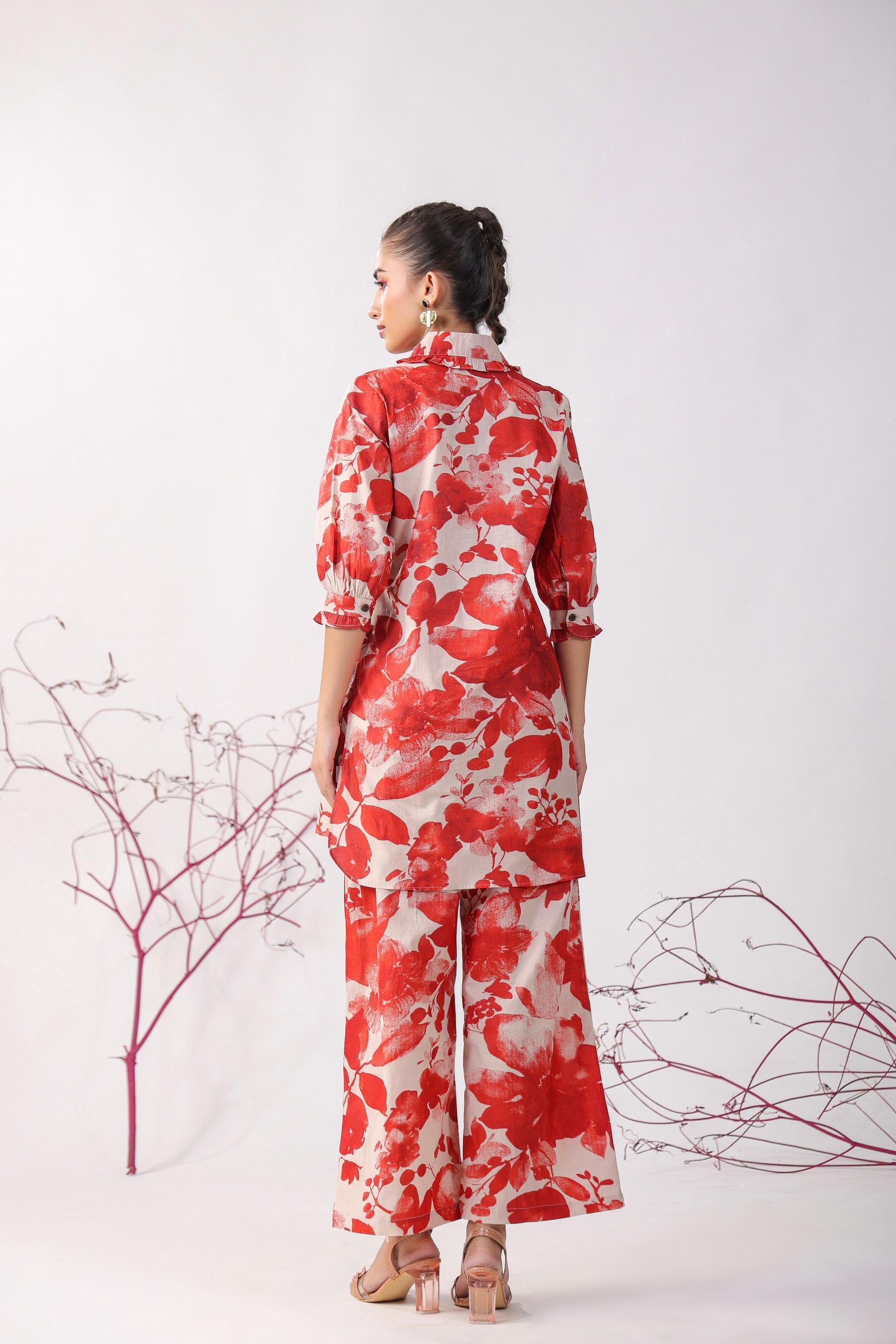 Red Roses On Beige Cotton Palazzo Loungewear Set