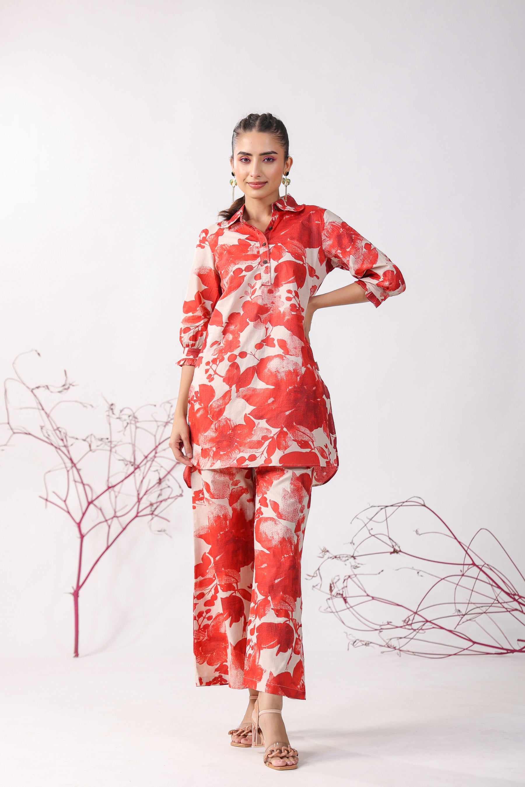 Red Roses On Beige Cotton Palazzo Loungewear Set