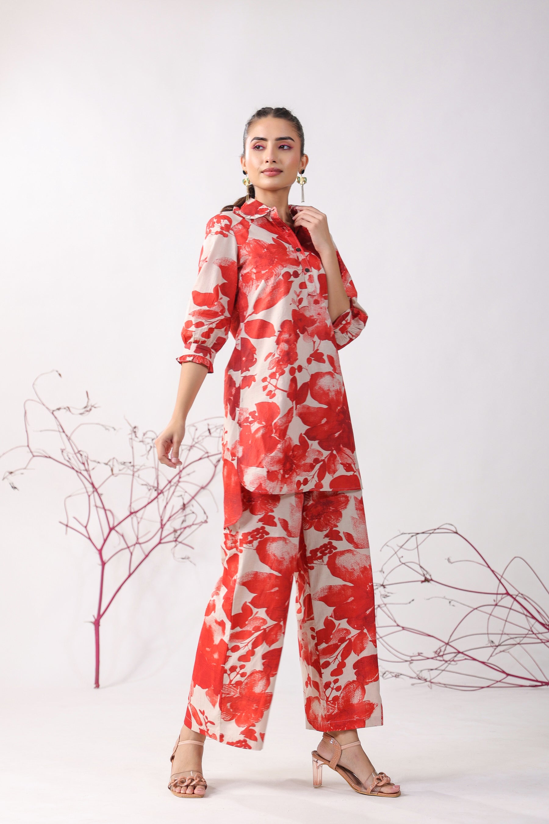 Red Roses On Beige Cotton Palazzo Loungewear Set
