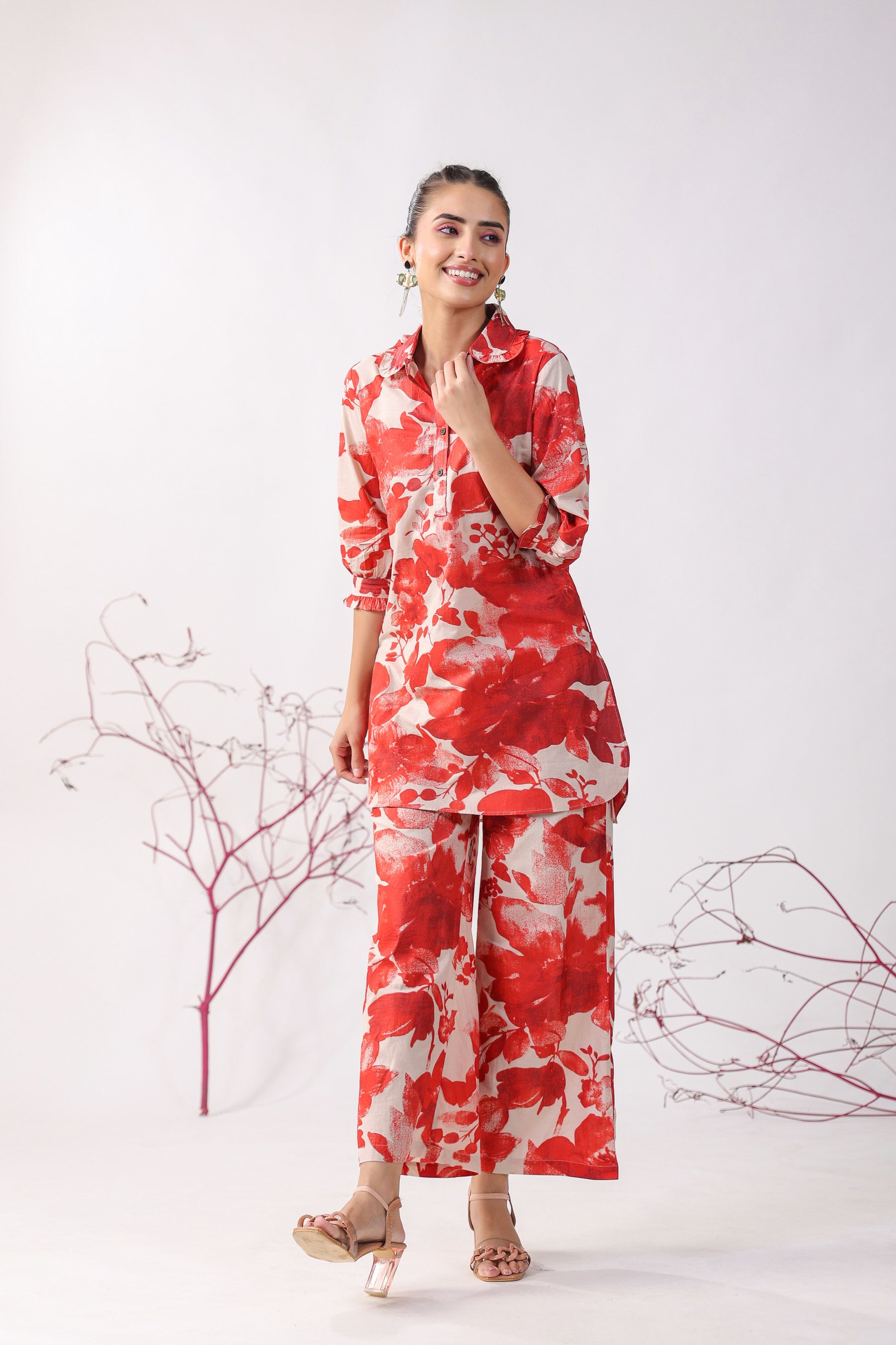 Red Roses On Beige Cotton Palazzo Loungewear Set
