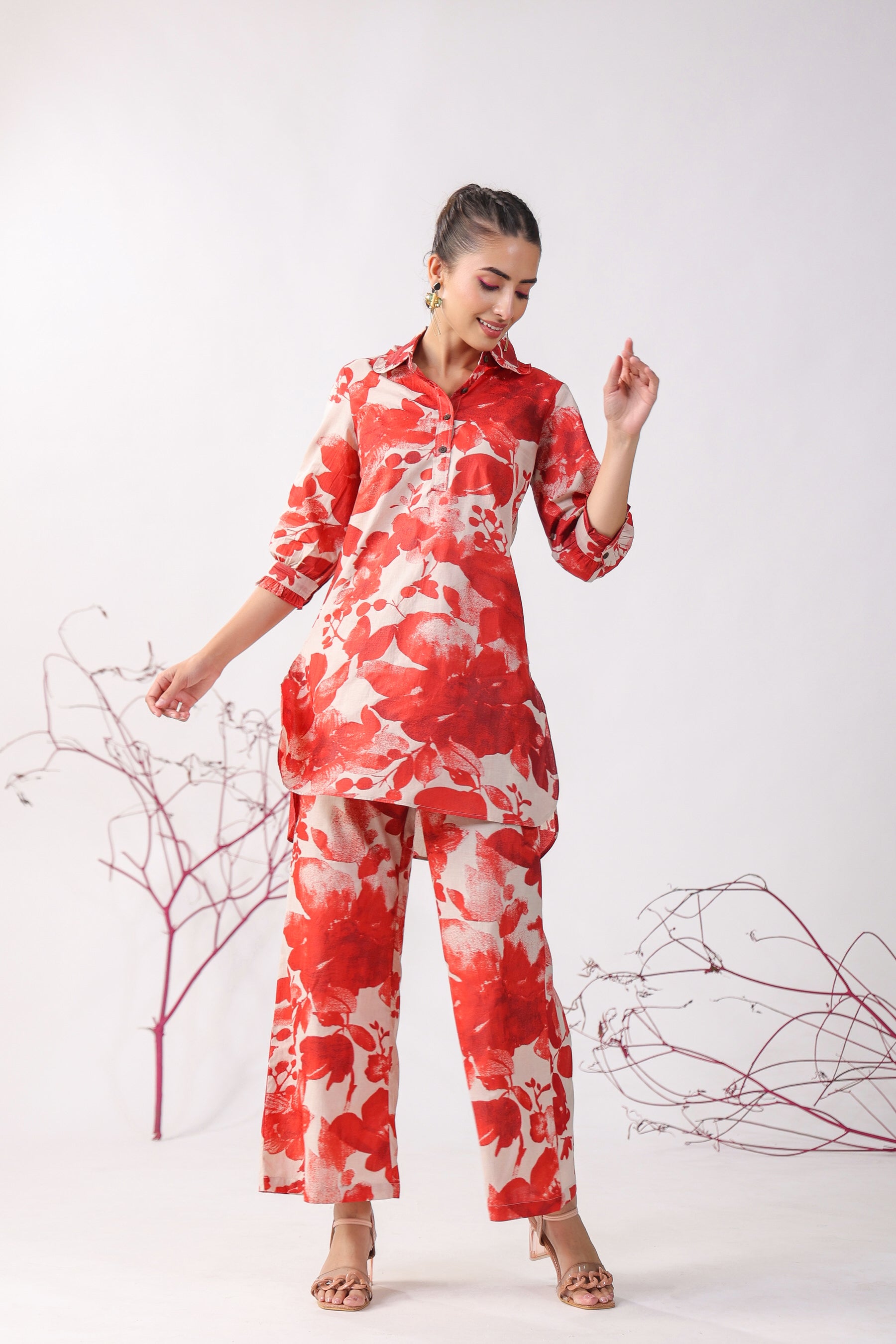 Red Roses On Beige Cotton Palazzo Loungewear Set