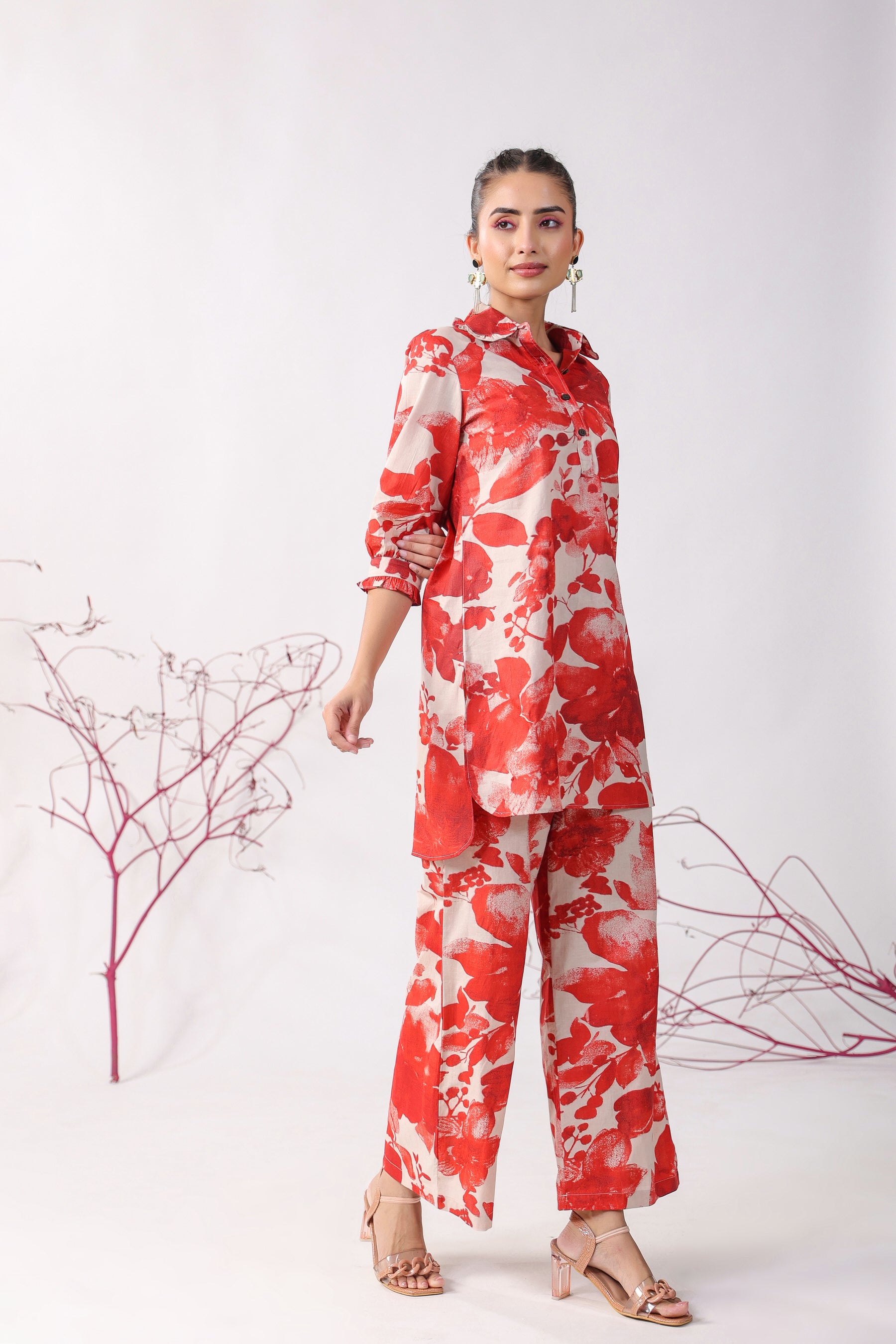 Red Roses On Beige Cotton Palazzo Loungewear Set