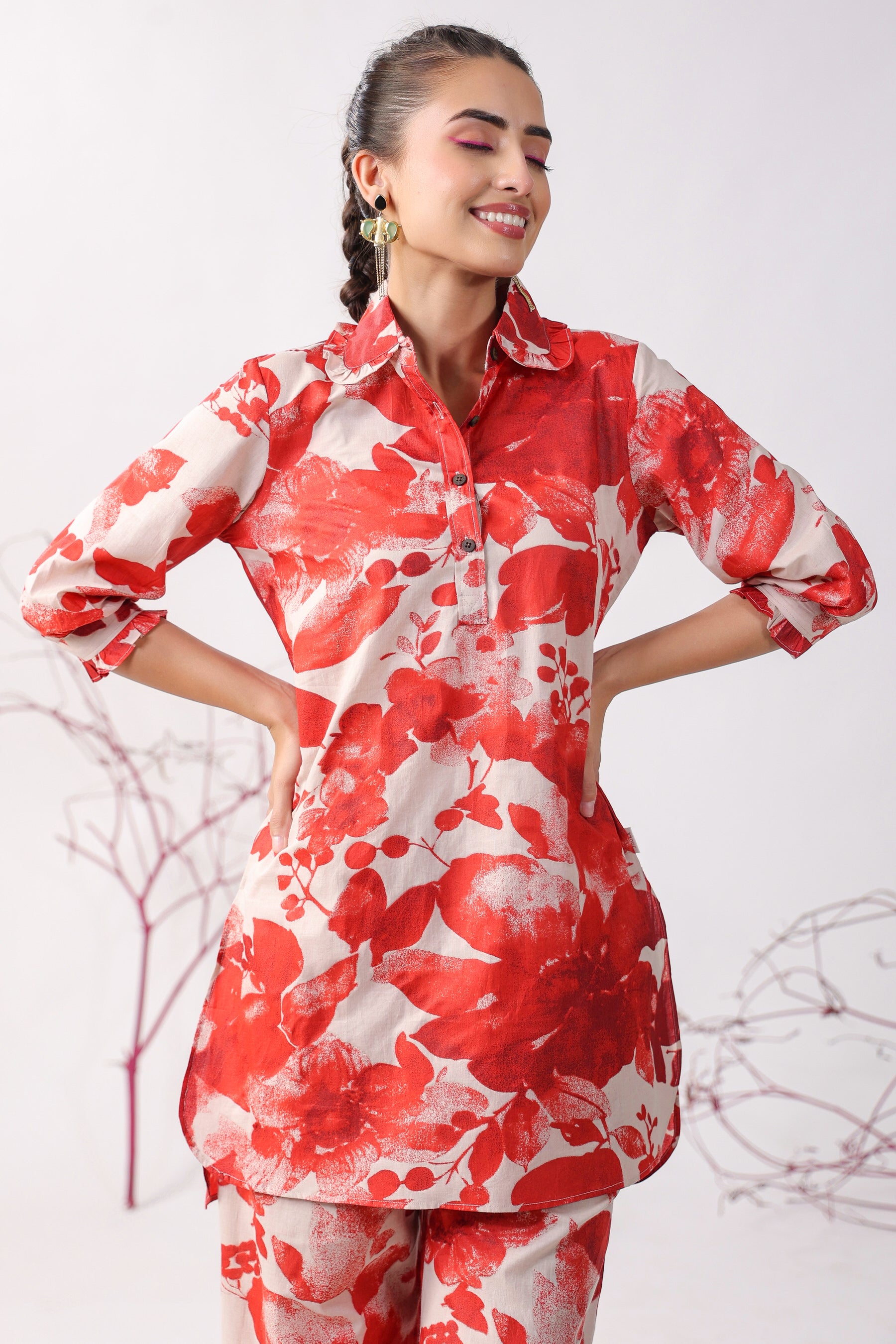 Red Roses On Beige Cotton Palazzo Loungewear Set