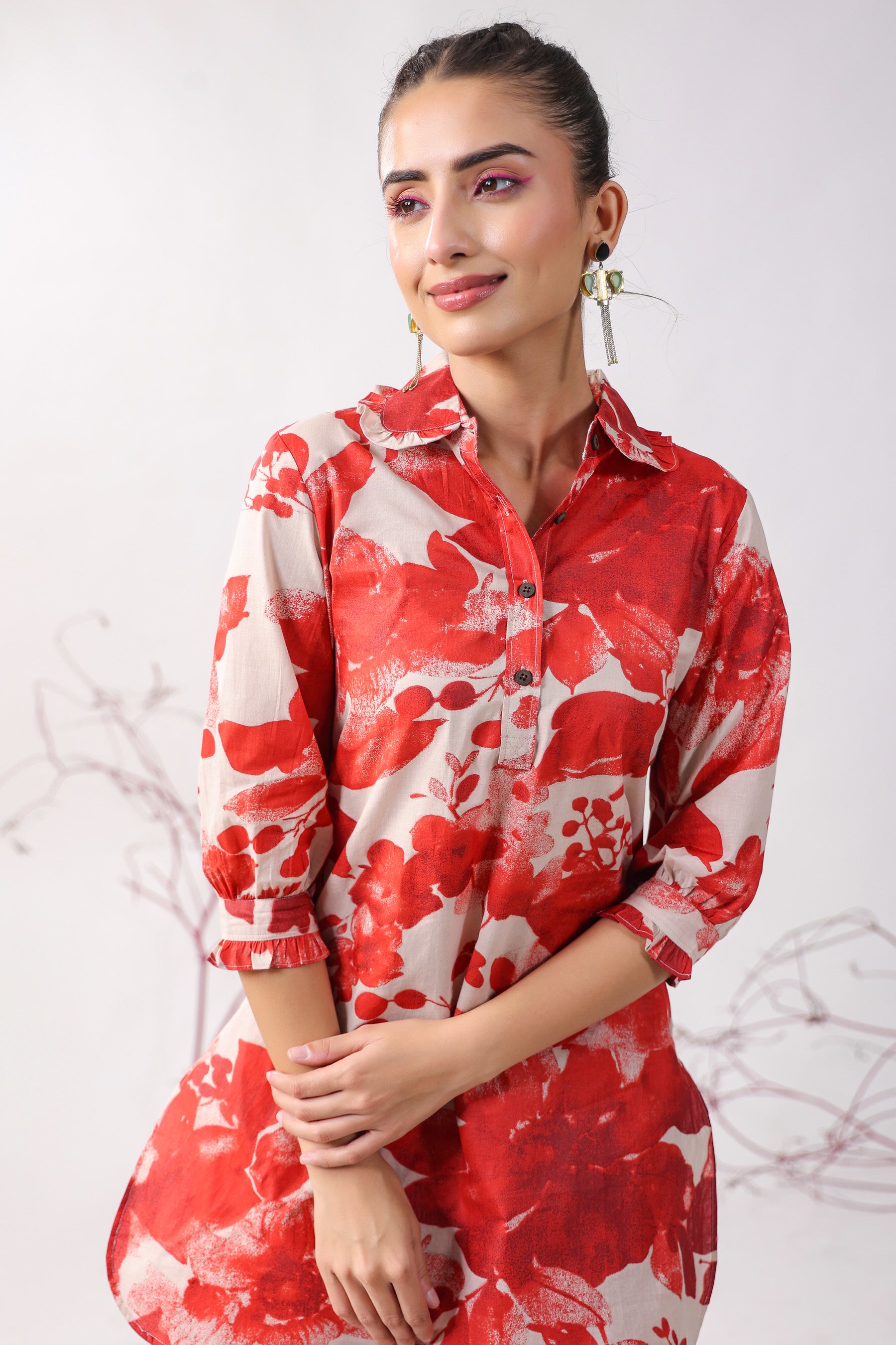 Red Roses On Beige Cotton Palazzo Loungewear Set