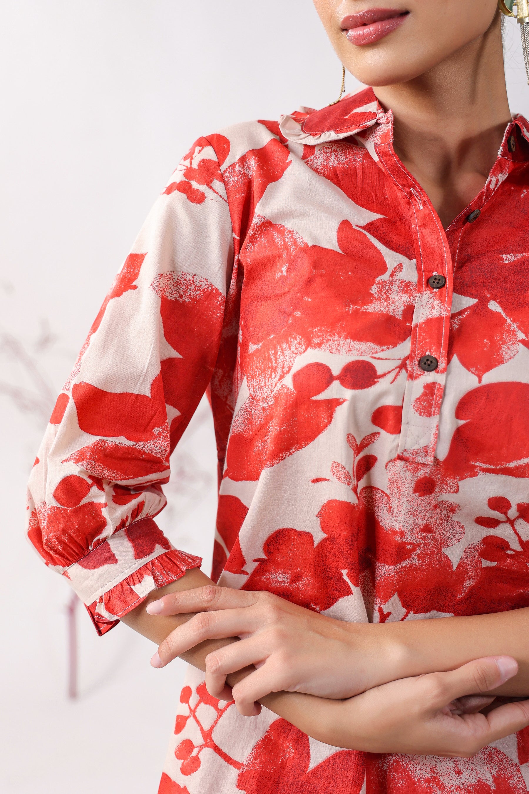 Red Roses On Beige Cotton Palazzo Loungewear Set